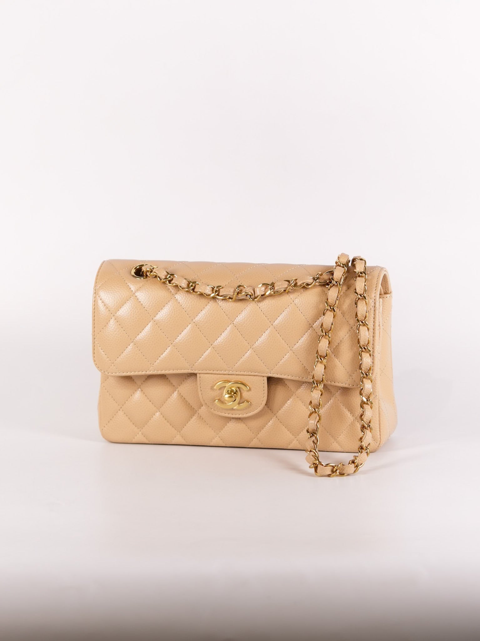 Classic Double Flap Small in Beige Quilted Caviar Leather & Gold Hardware Microchip | Purse Maison Luxury Bags Shop