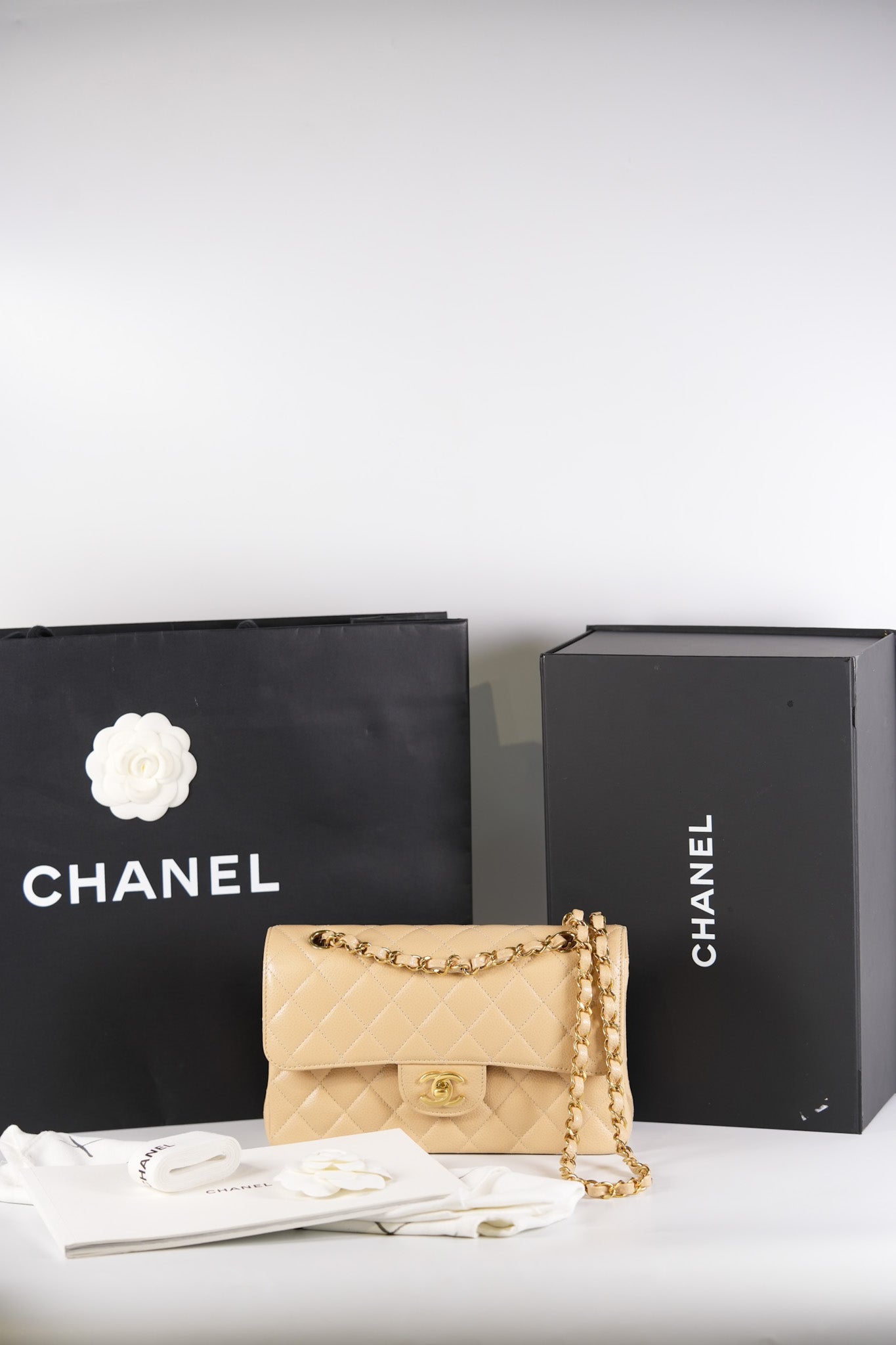 Classic Double Flap Small in Beige Quilted Caviar Leather & Gold Hardware Microchip | Purse Maison Luxury Bags Shop