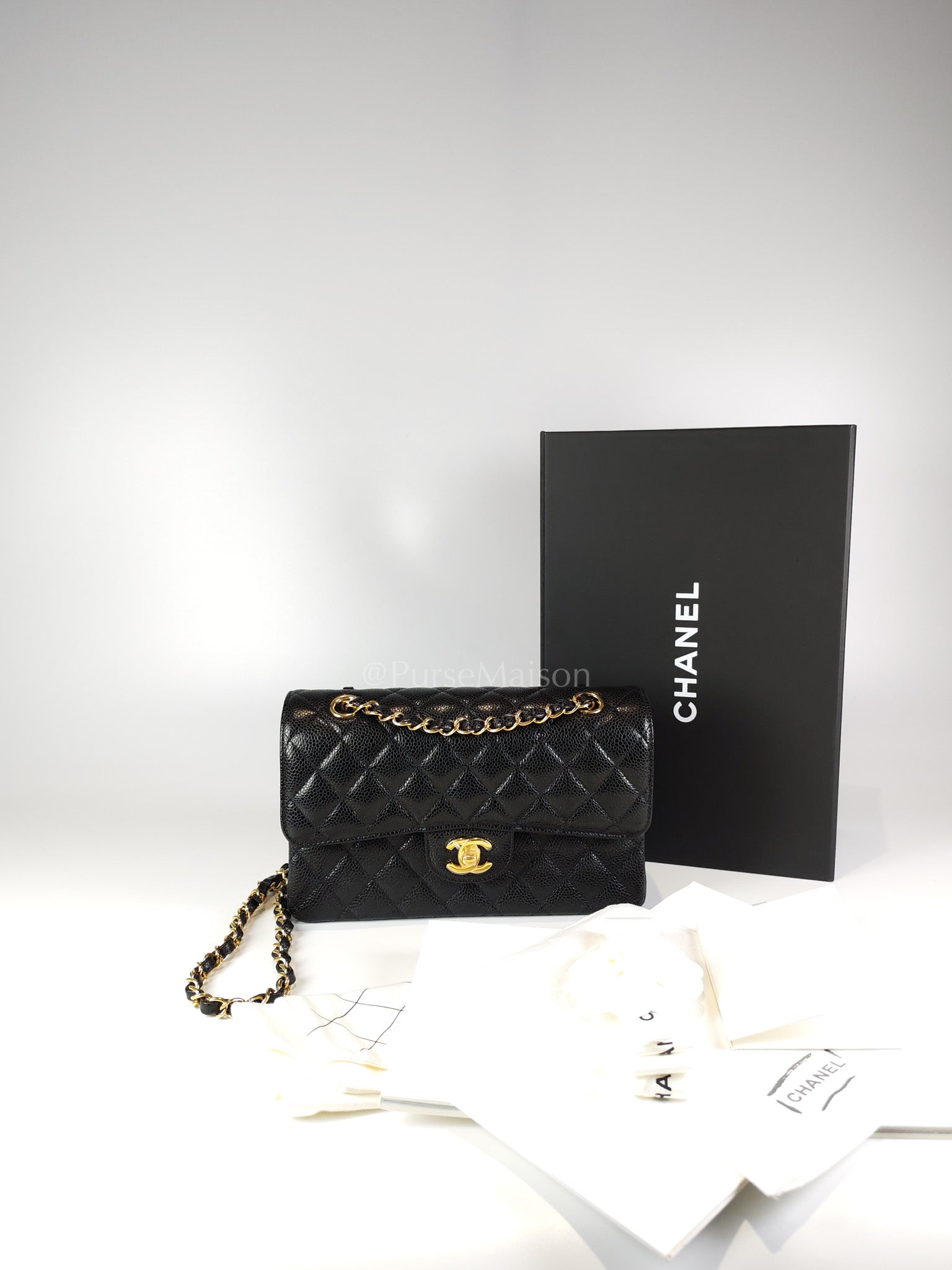 Classic Double Flap Small in Black Caviar Leather and Gold Hardware (Microchip) | Purse Maison Luxury Bags Shop