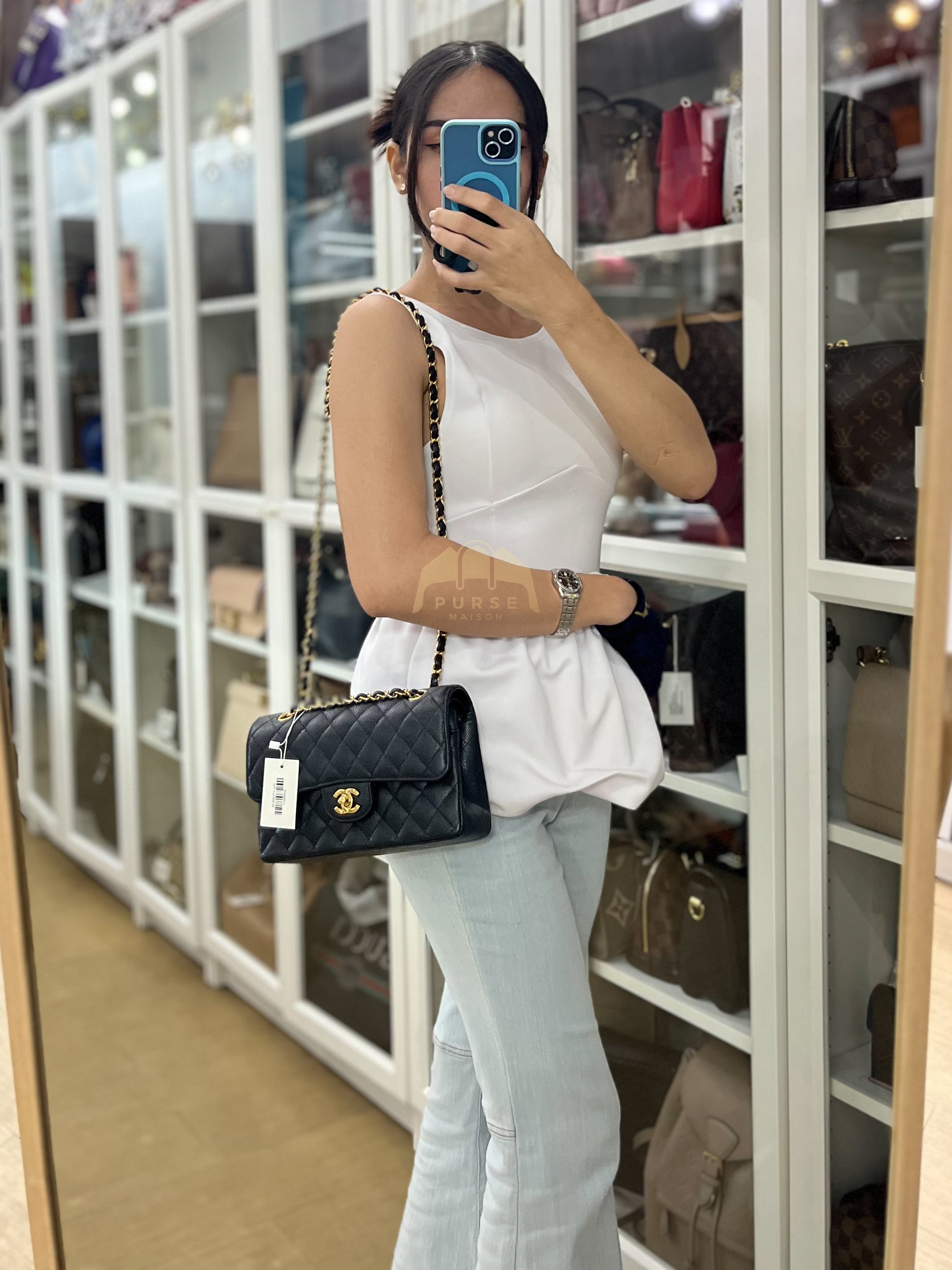 Classic Double Flap Small in Black Quilted Caviar Leather and Gold Hardware Series 28 | Purse Maison Luxury Bags Shop