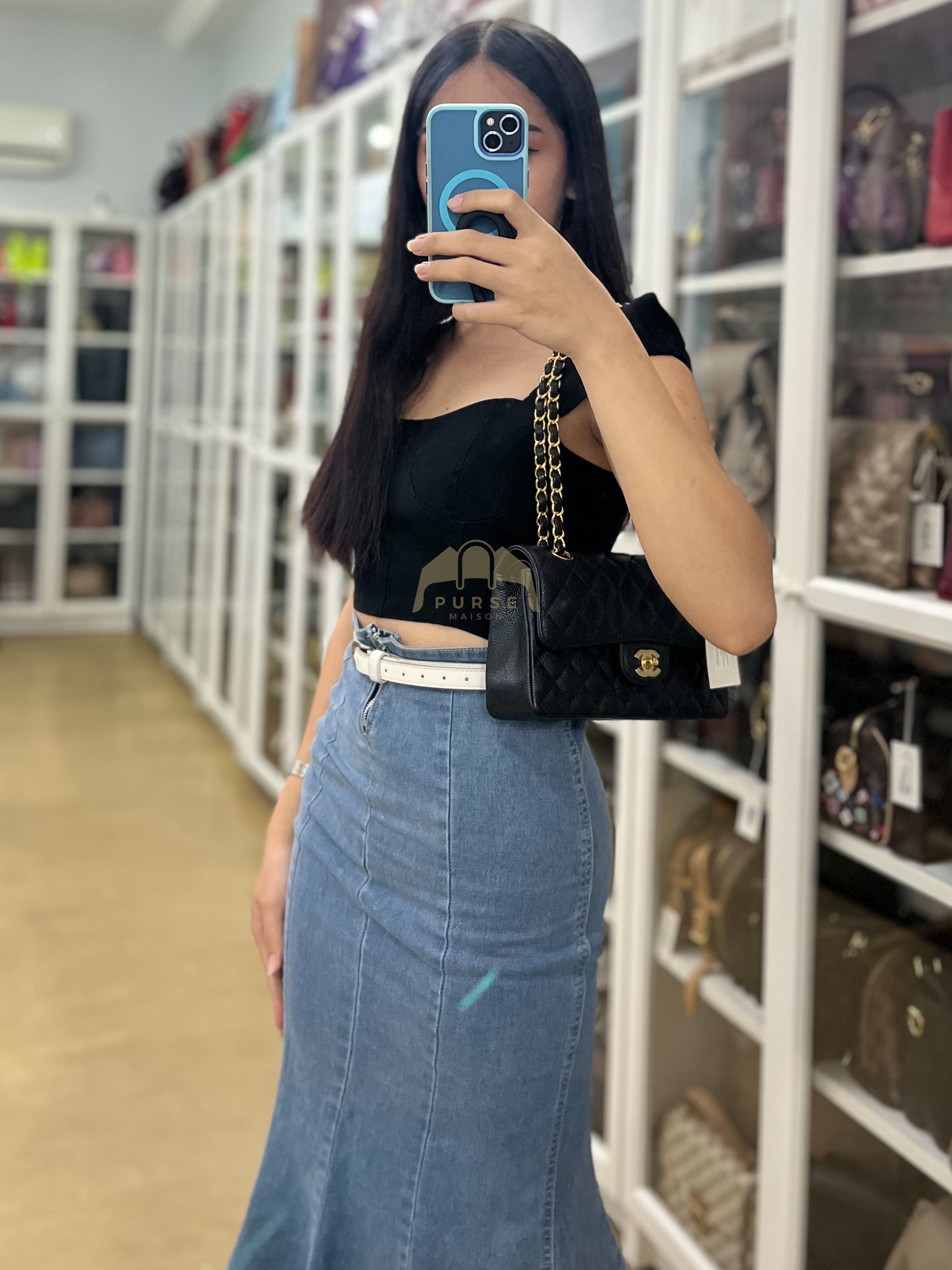 Classic Double Flap Small in Black Quilted Caviar Leather and Gold Hardware Series 29 | Purse Maison Luxury Bags Shop