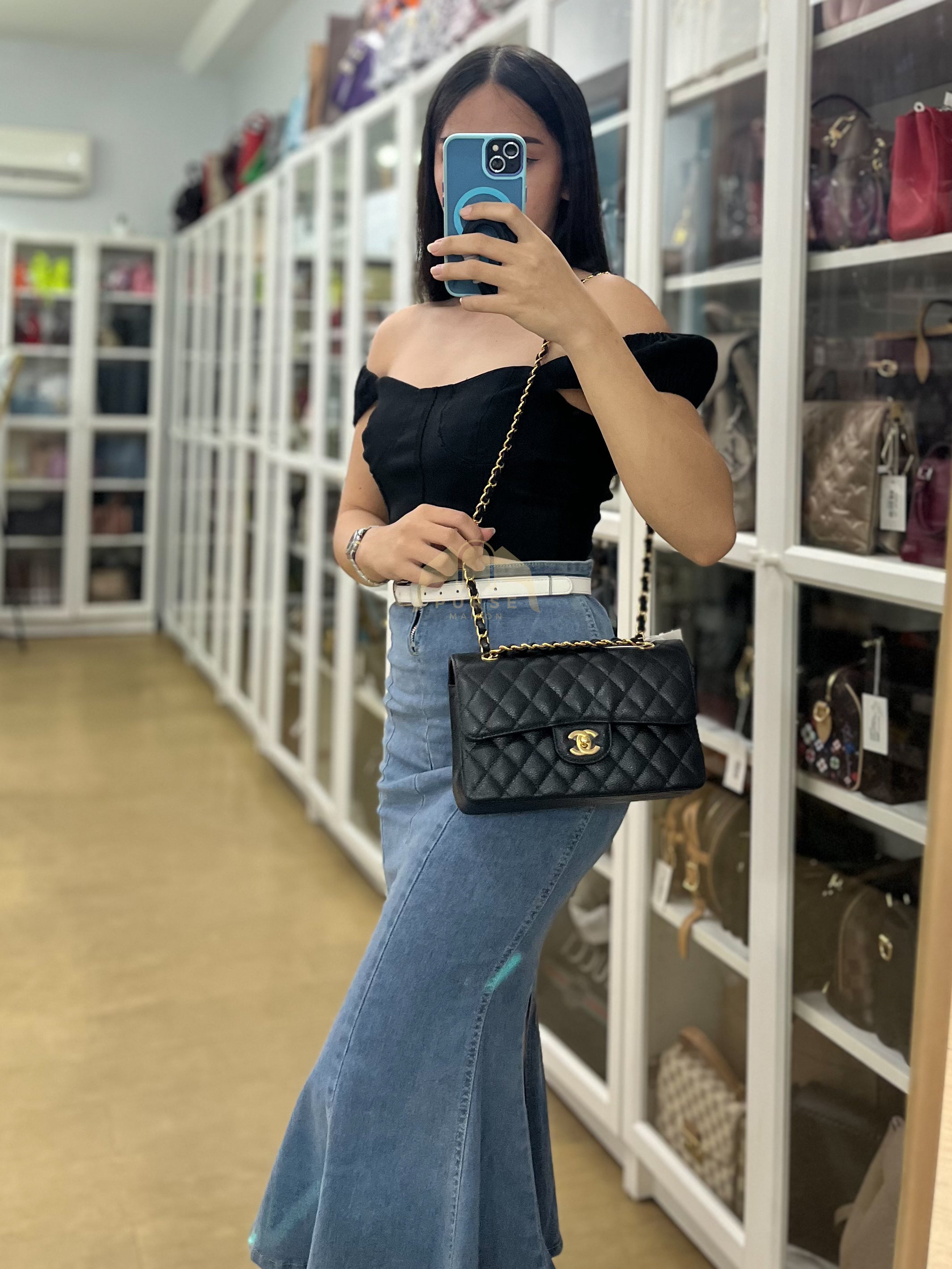 Classic Double Flap Small in Black Quilted Caviar Leather and Gold Hardware Series 29 | Purse Maison Luxury Bags Shop