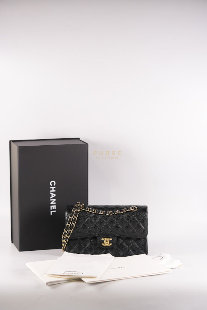 Classic Double Flap Small in Black Quilted Caviar Leather & Gold Hardware Microchip | Purse Maison Luxury Bags Shop