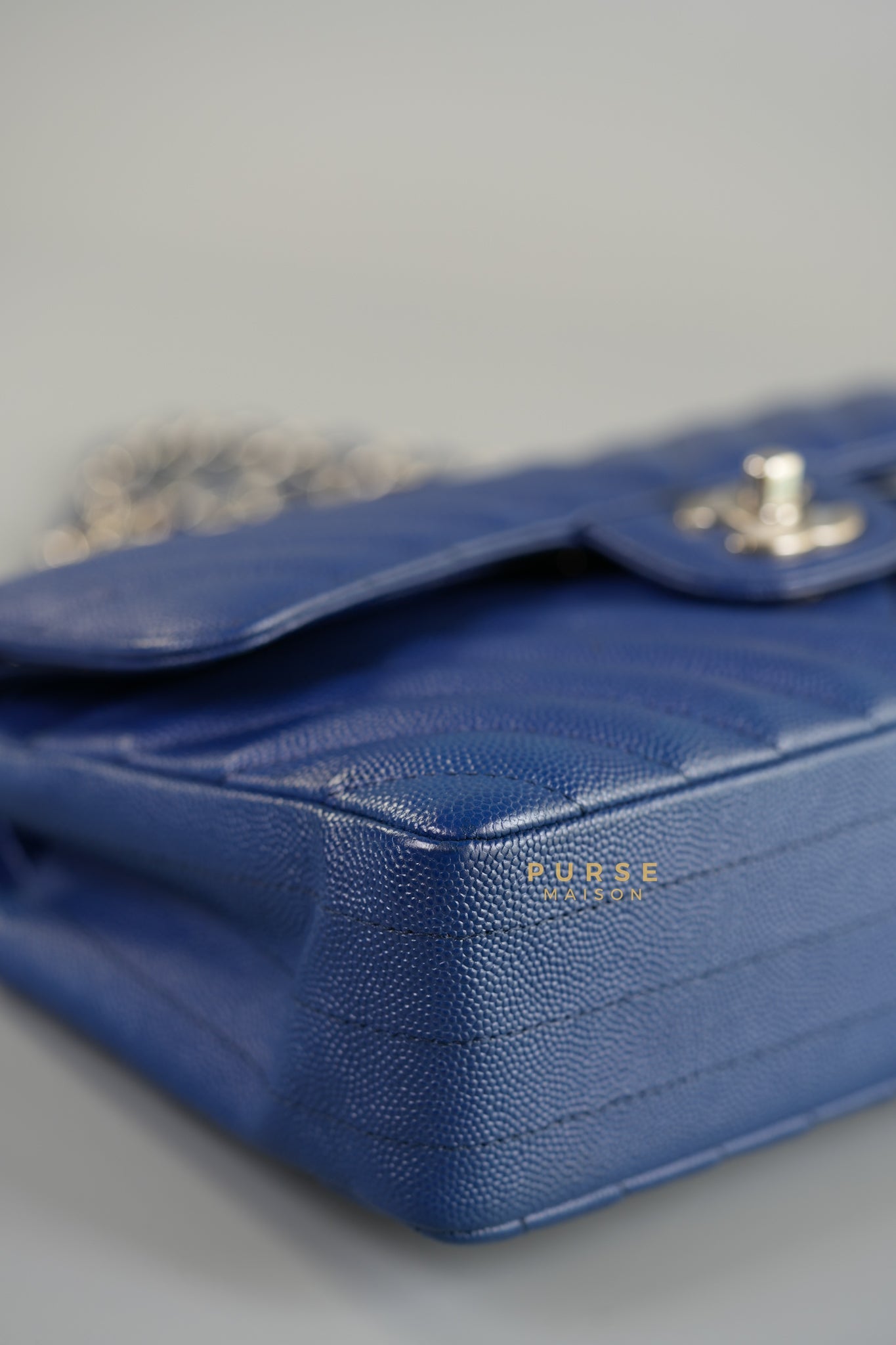 Classic Double Flap Small in Blue Chevron Caviar Leather & Silver Hardware Series 25 | Purse Maison Luxury Bags Shop