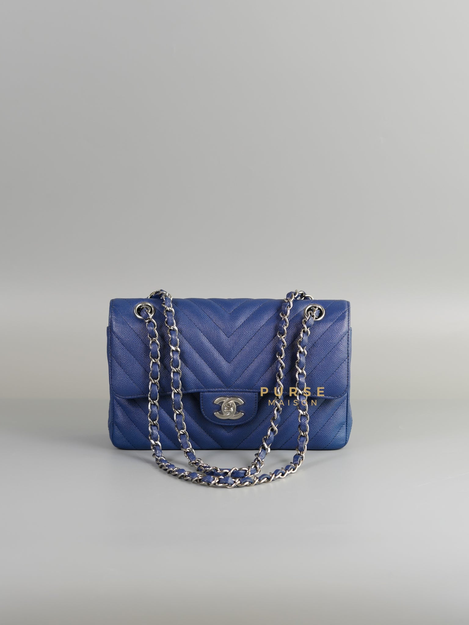 Classic Double Flap Small in Blue Chevron Caviar Leather & Silver Hardware Series 25 | Purse Maison Luxury Bags Shop