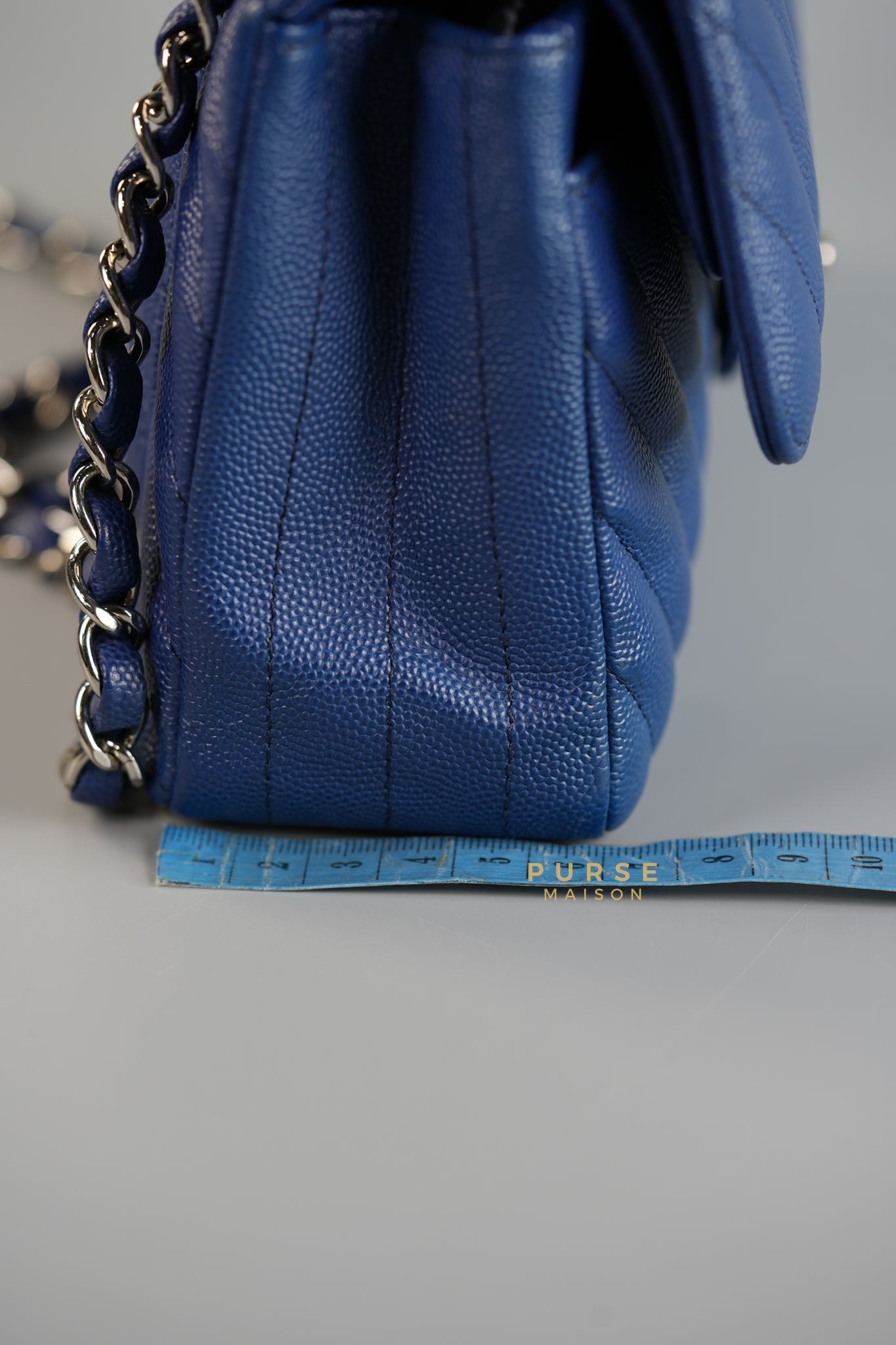 Classic Double Flap Small in Blue Chevron Caviar Leather & Silver Hardware Series 25 | Purse Maison Luxury Bags Shop