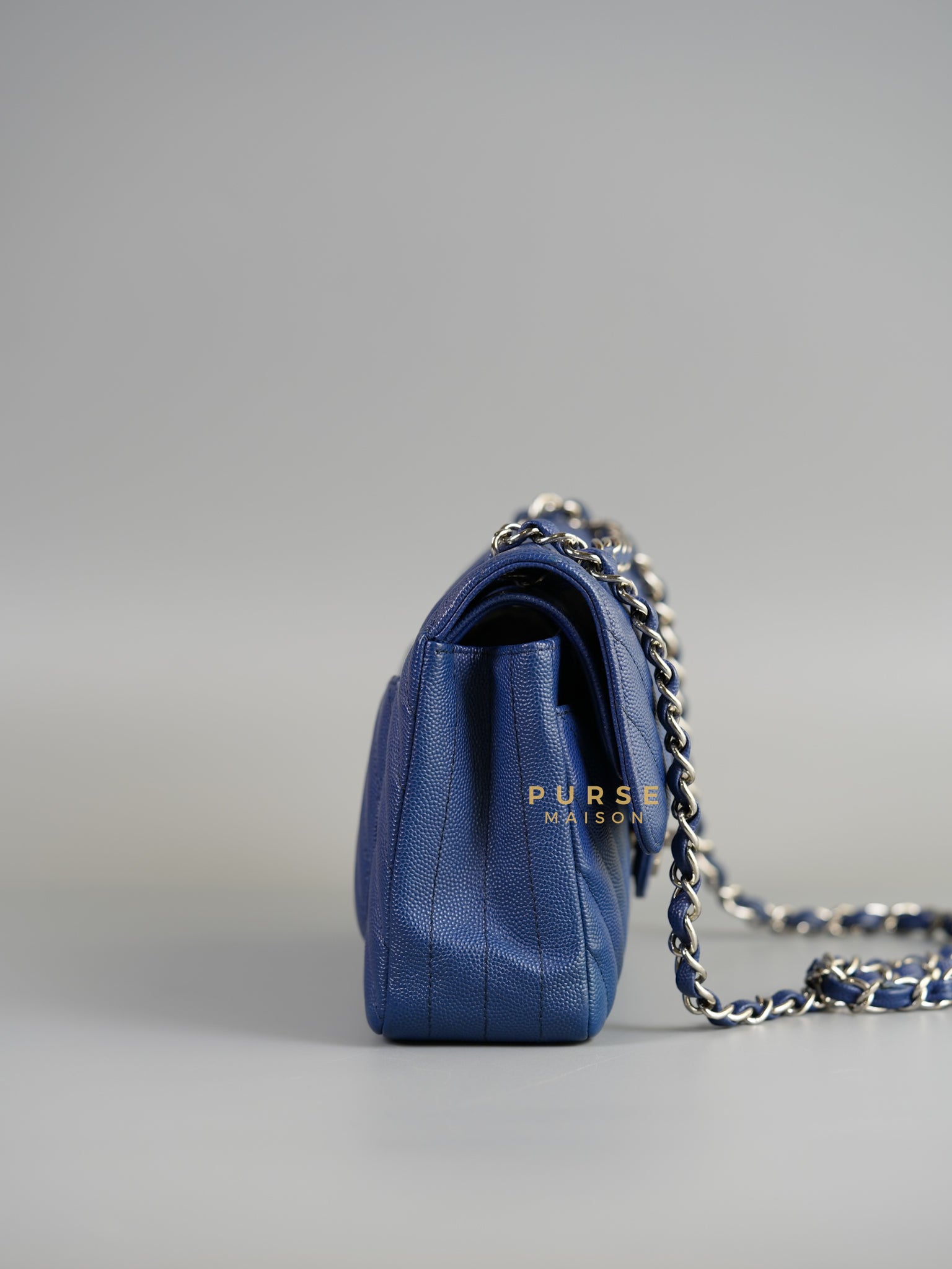 Classic Double Flap Small in Blue Chevron Caviar Leather & Silver Hardware Series 25 | Purse Maison Luxury Bags Shop