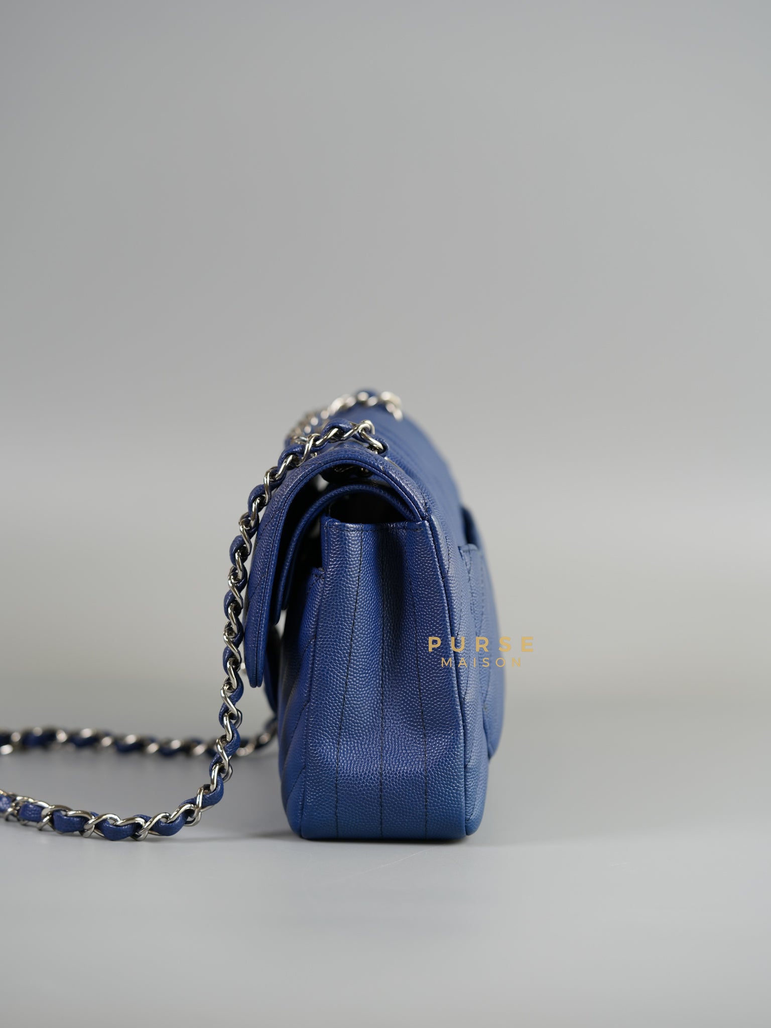 Classic Double Flap Small in Blue Chevron Caviar Leather & Silver Hardware Series 25 | Purse Maison Luxury Bags Shop