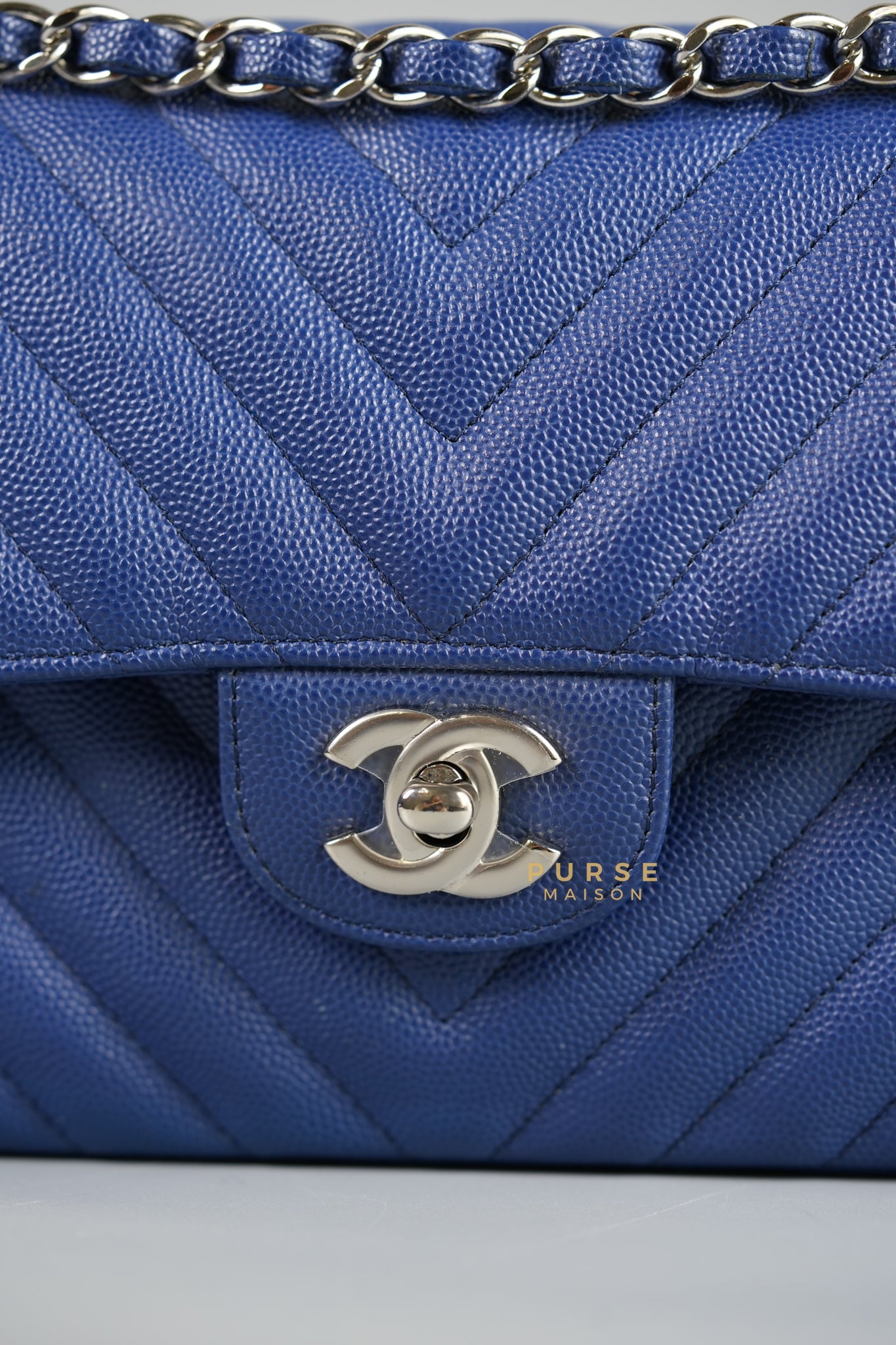 Classic Double Flap Small in Blue Chevron Caviar Leather & Silver Hardware Series 25 | Purse Maison Luxury Bags Shop