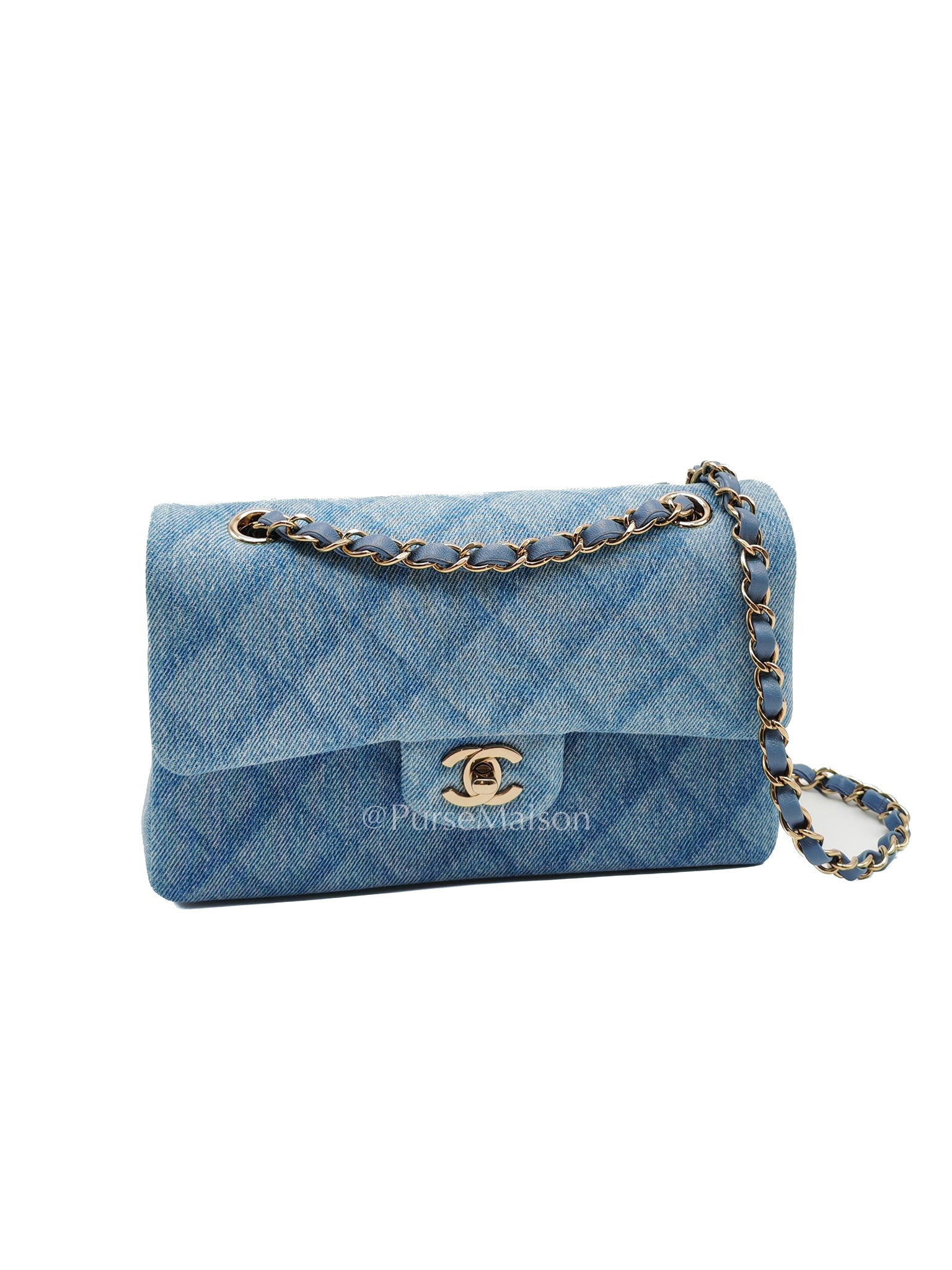 Classic Double Flap Small in Denim and Light Gold Hardware (Microchip) NK****XG | Purse Maison Luxury Bags Shop