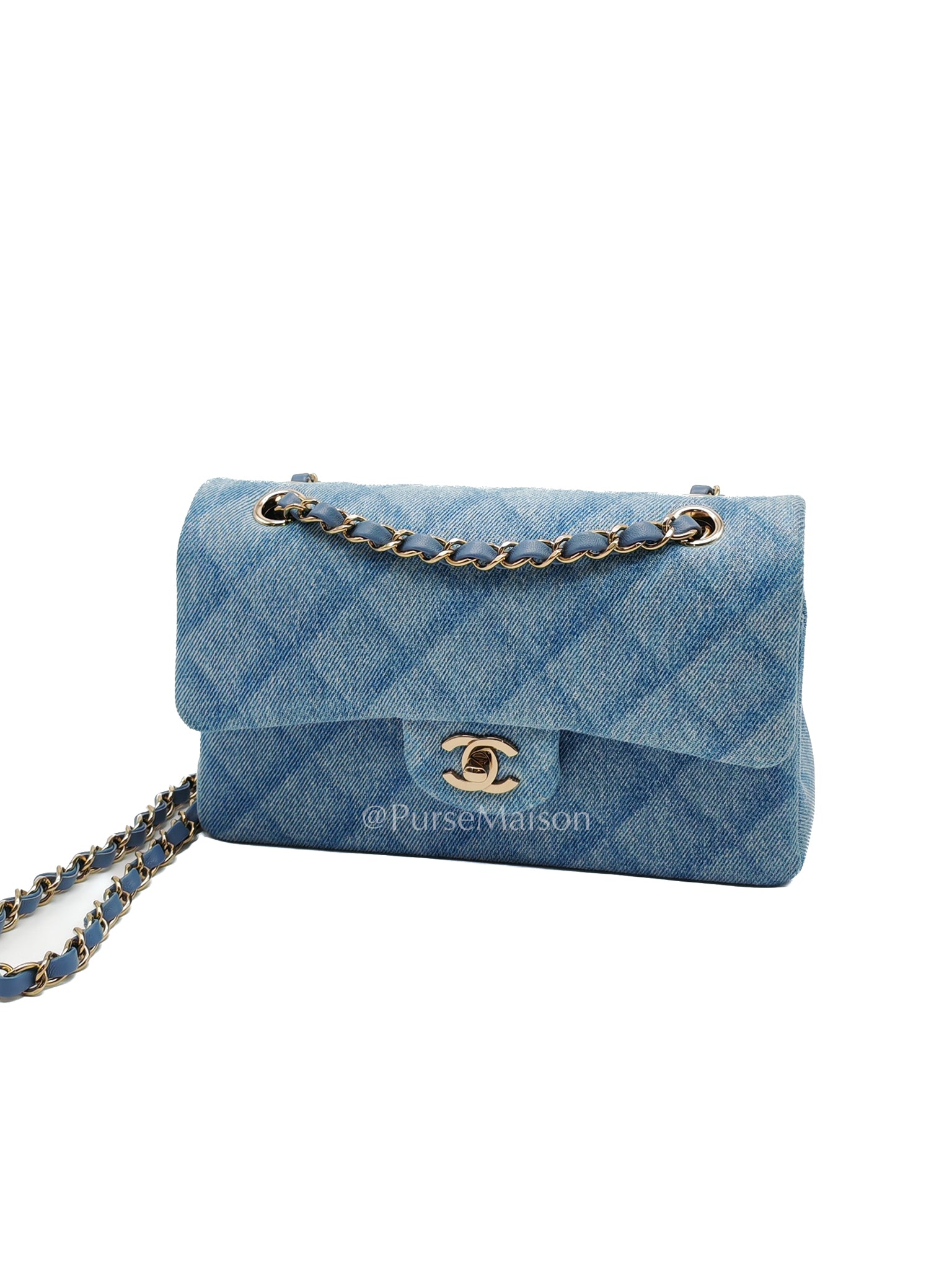Classic Double Flap Small in Denim and Light Gold Hardware (Microchip) | Purse Maison Luxury Bags Shop