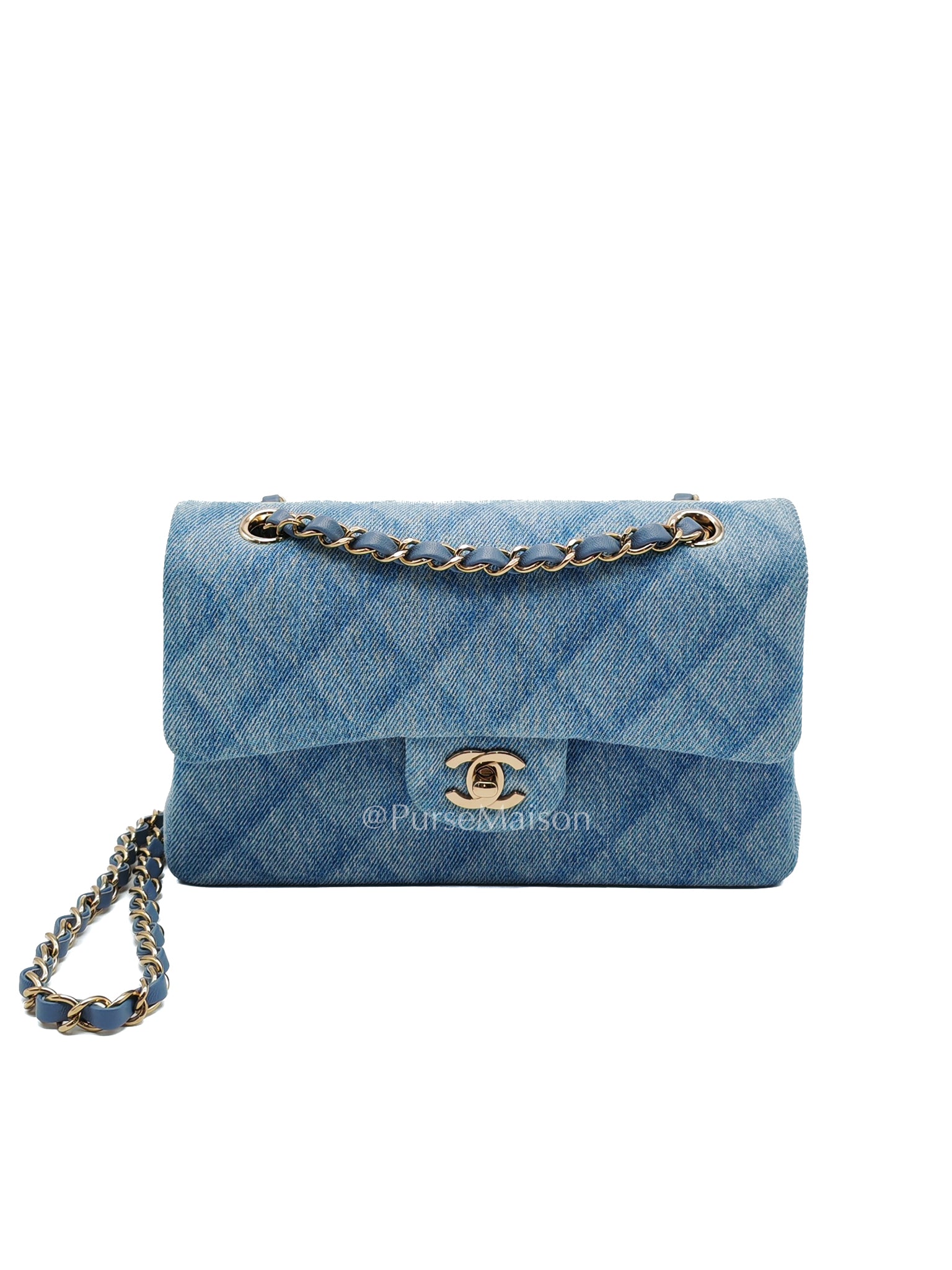 Classic Double Flap Small in Denim and Light Gold Hardware (Microchip) | Purse Maison Luxury Bags Shop