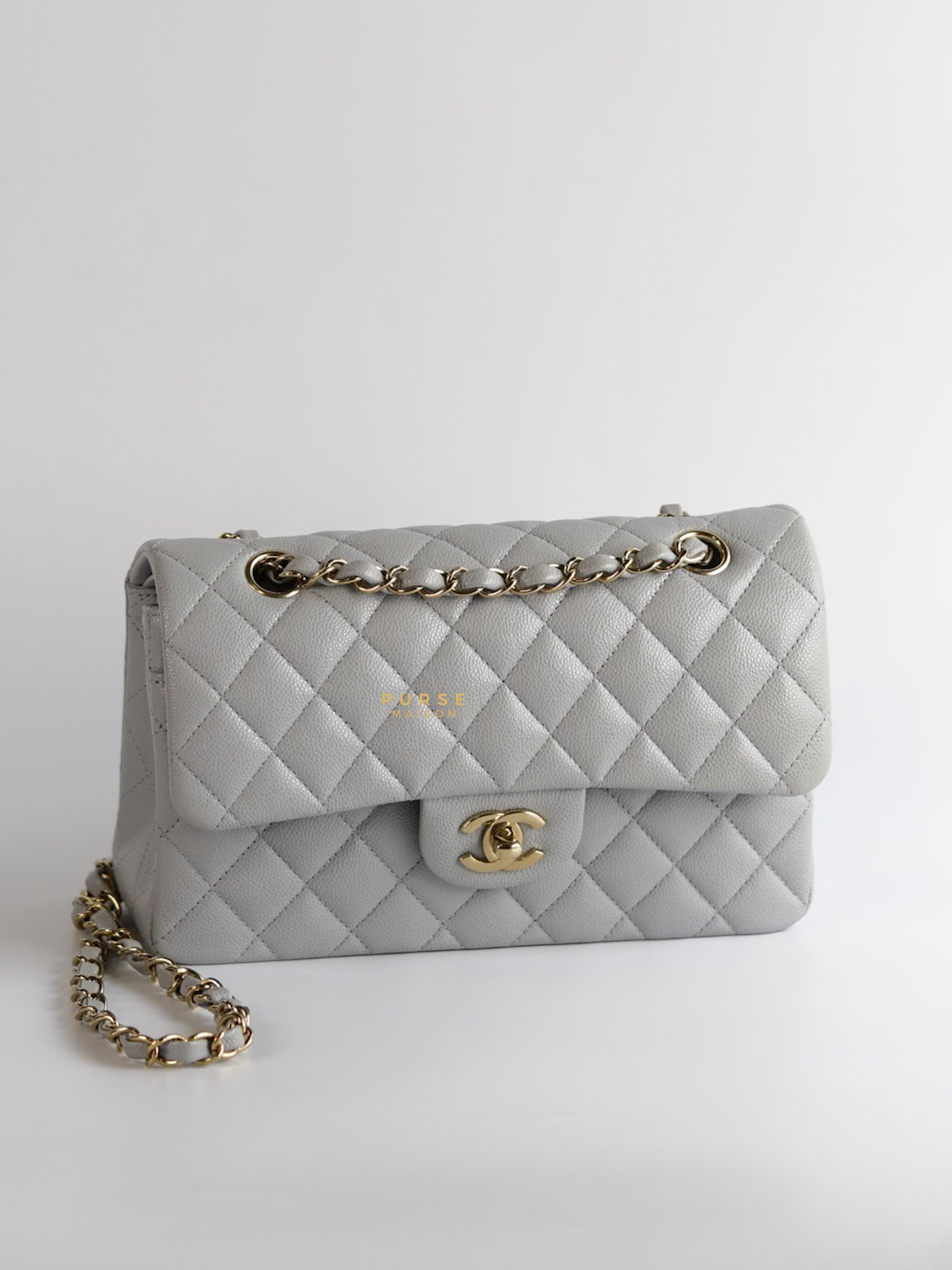 Classic Double Flap Small in Grey Caviar Leather and Light Gold hardware (Microchip) | Purse Maison Luxury Bags Shop