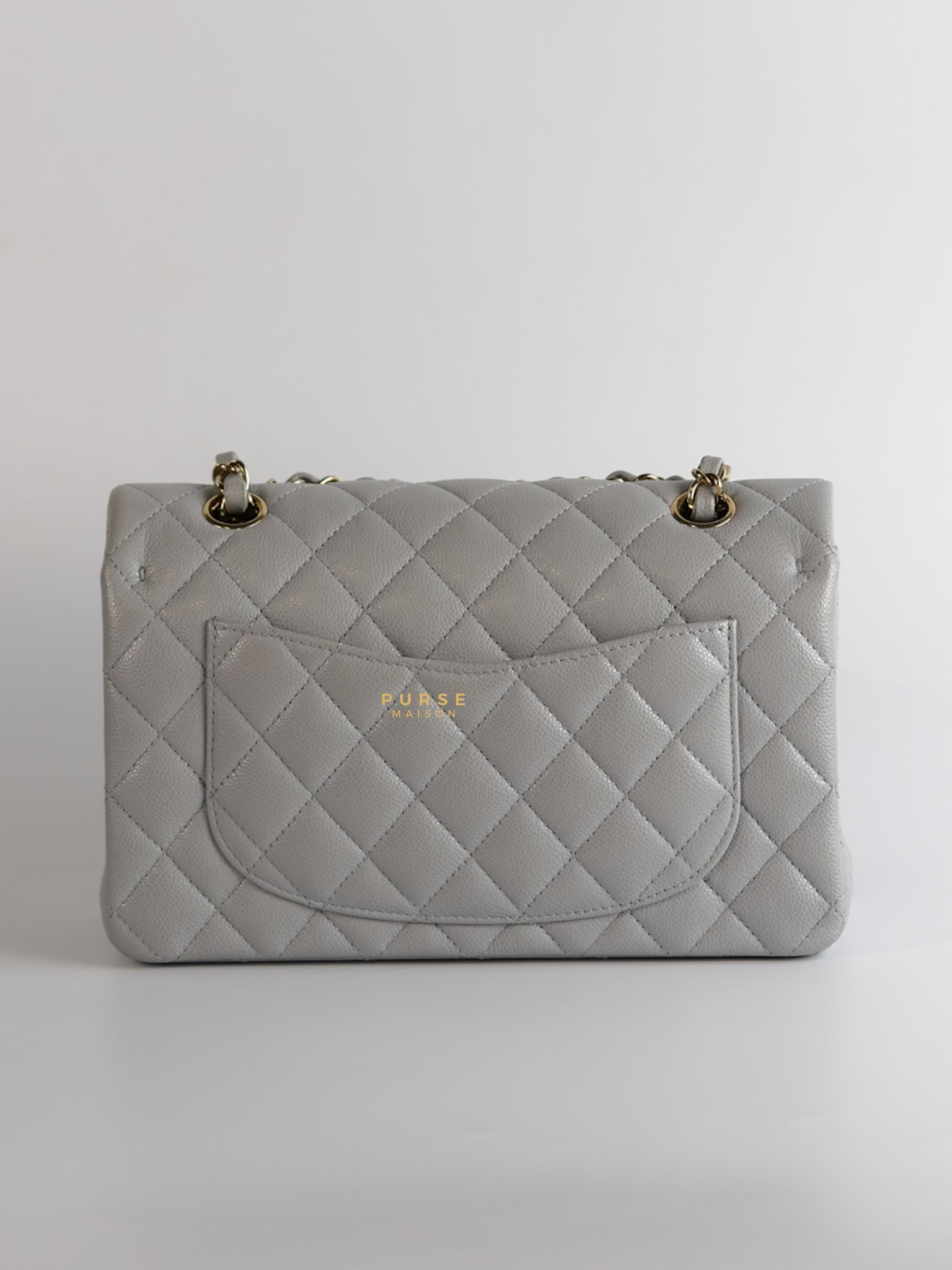 Classic Double Flap Small in Grey Caviar Leather and Light Gold hardware (Microchip) | Purse Maison Luxury Bags Shop