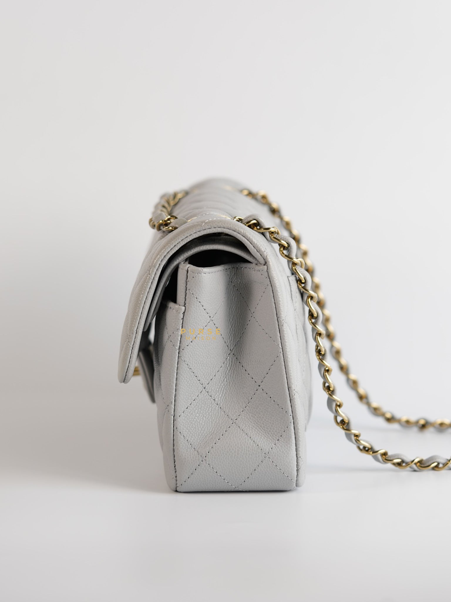 Classic Double Flap Small in Grey Caviar Leather and Light Gold hardware (Microchip) | Purse Maison Luxury Bags Shop