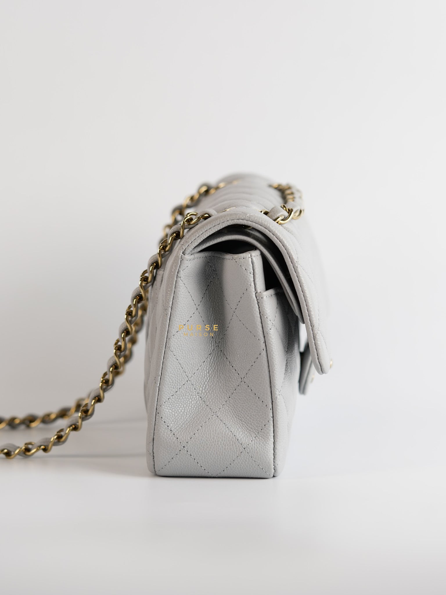 Classic Double Flap Small in Grey Caviar Leather and Light Gold hardware (Microchip) | Purse Maison Luxury Bags Shop