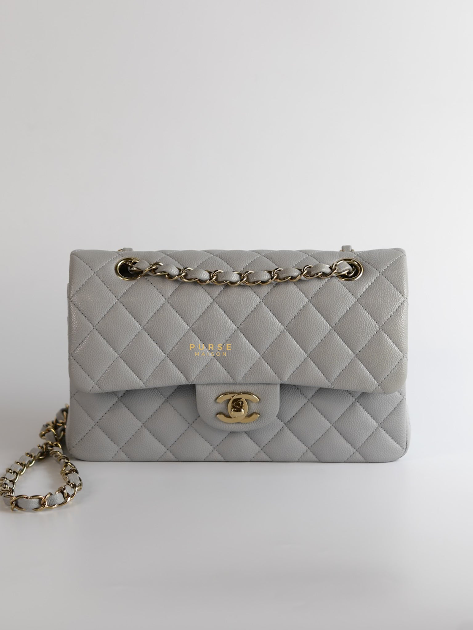 Classic Double Flap Small in Grey Caviar Leather and Light Gold hardware (Microchip) | Purse Maison Luxury Bags Shop