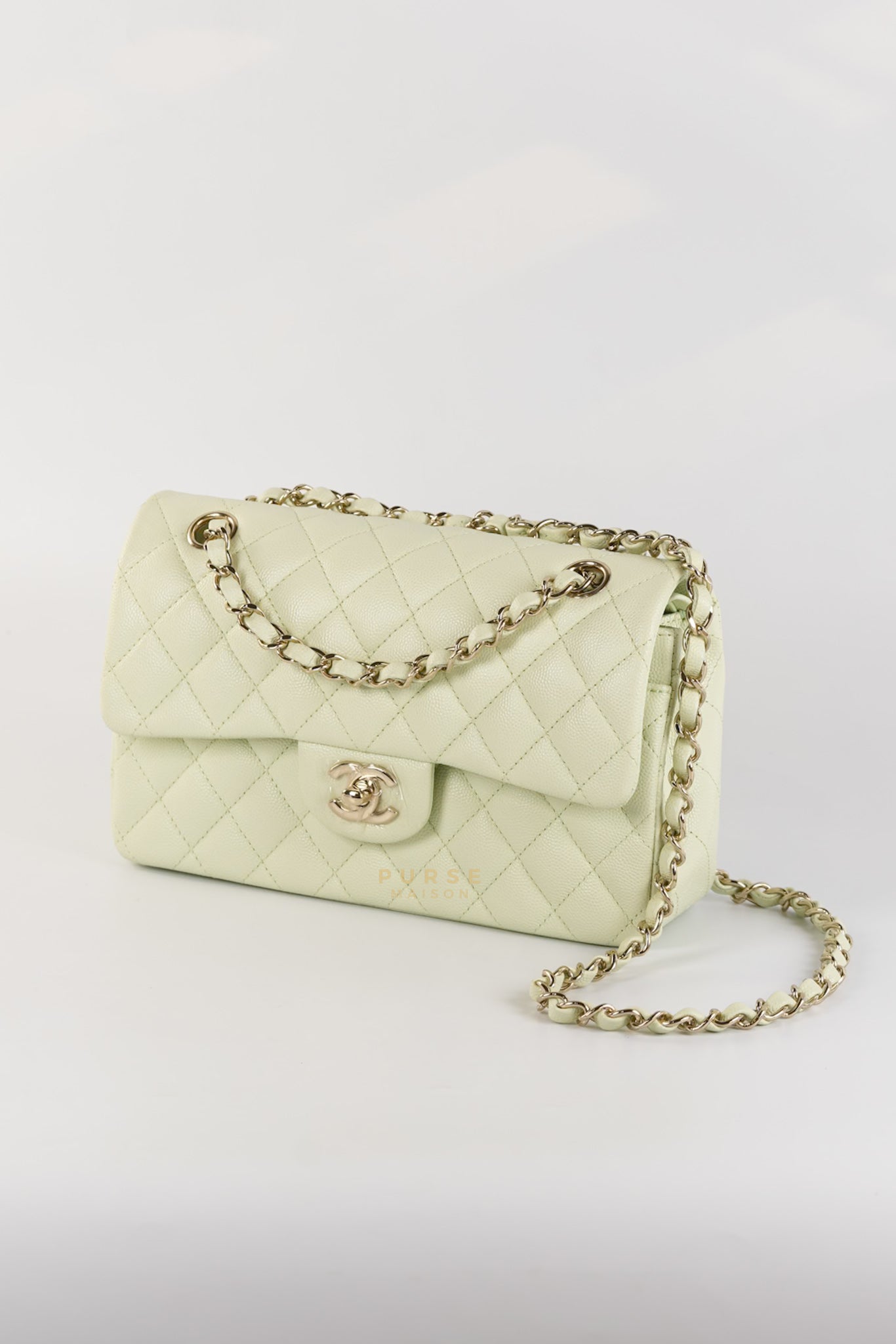 Classic Double Flap Small in Mint Green Caviar Leather Light Gold Hardware (Microchip) | Purse Maison Luxury Bags Shop