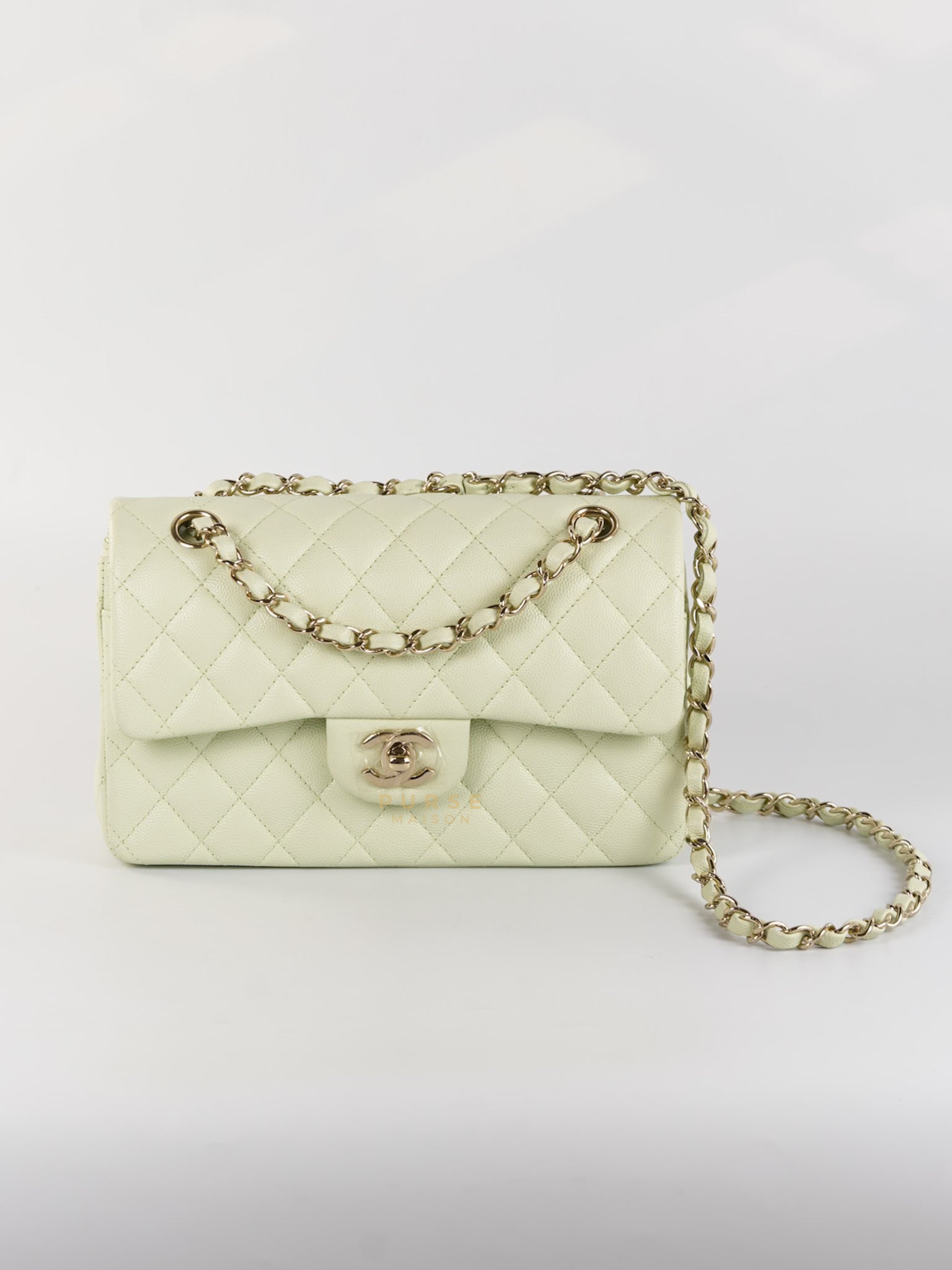 Classic Double Flap Small in Mint Green Caviar Leather Light Gold Hardware (Microchip) | Purse Maison Luxury Bags Shop