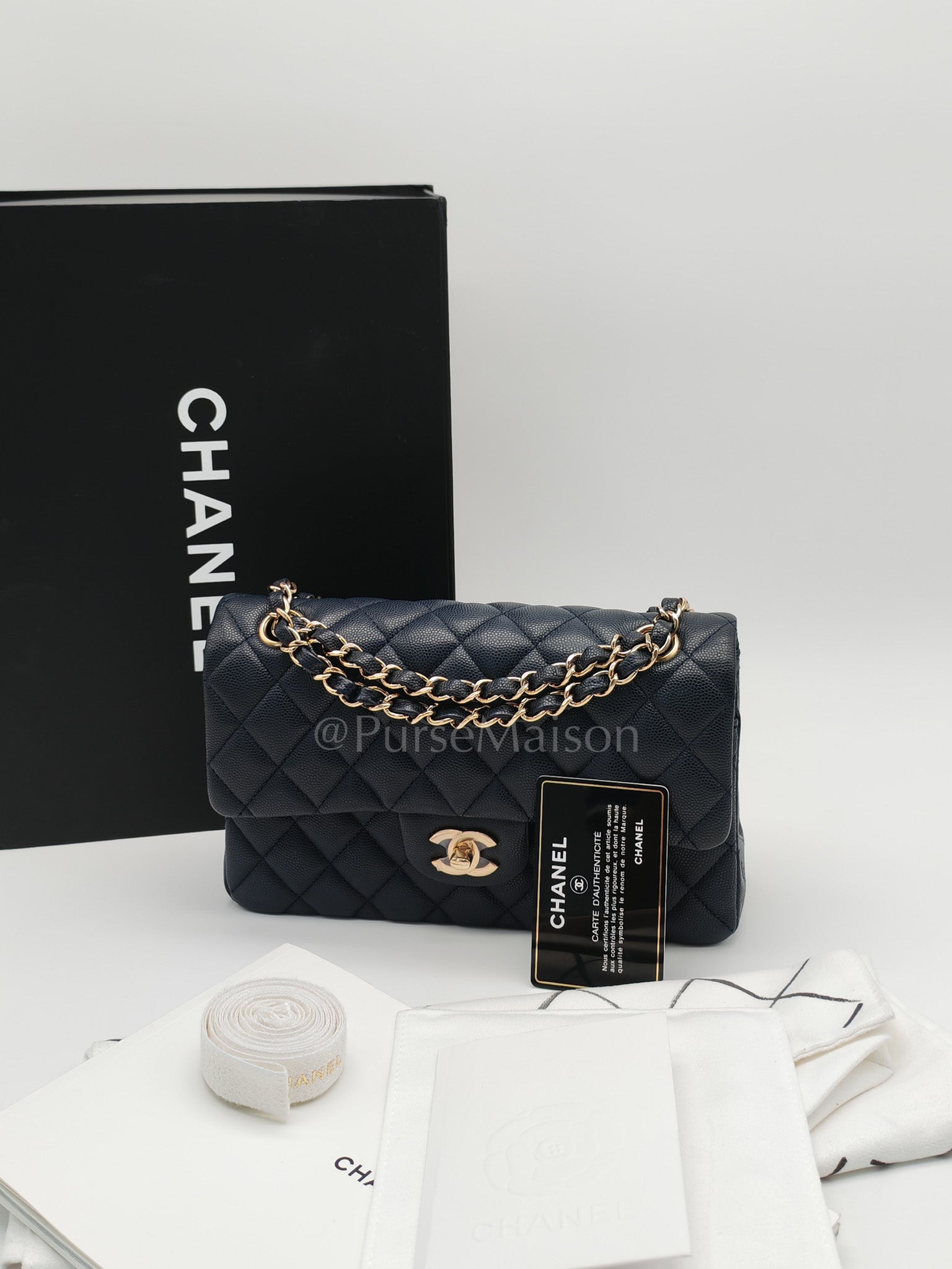 Classic Double Flap Small in Navy Blue Caviar Leather in Gold Hardware (Series 26) | Purse Maison Luxury Bags Shop