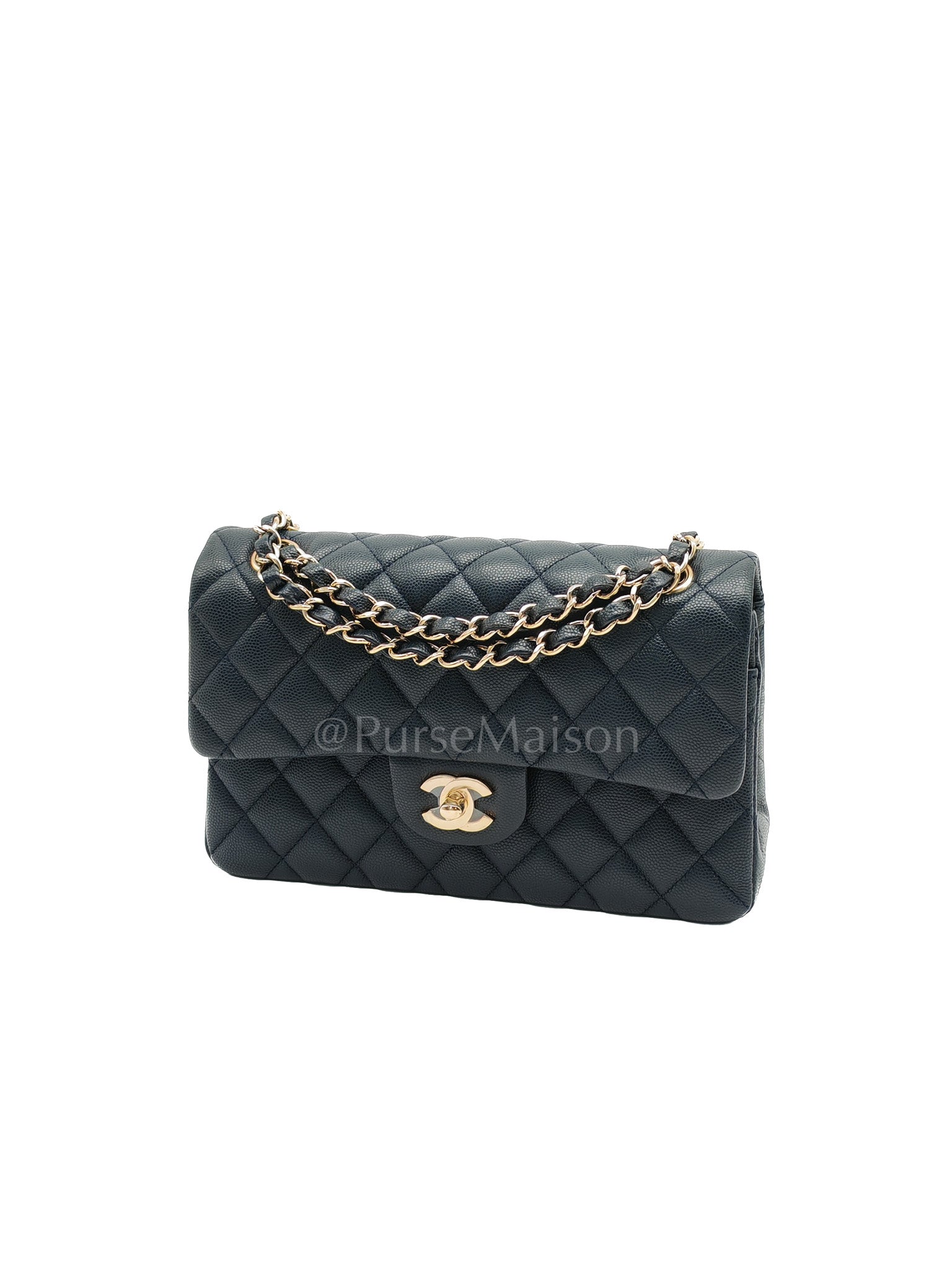 Classic Double Flap Small in Navy Blue Caviar Leather in Gold Hardware (Series 26) | Purse Maison Luxury Bags Shop