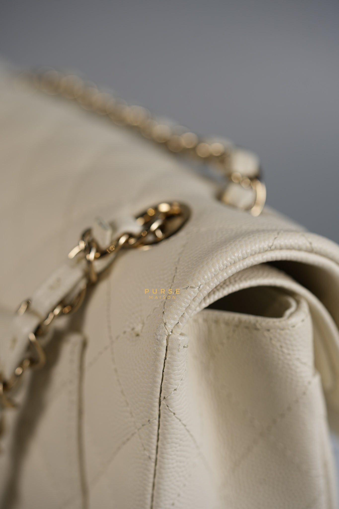 Classic Double Flap Small in White Caviar Leather and Light Gold Hardware (Microchip) | Purse Maison Luxury Bags Shop