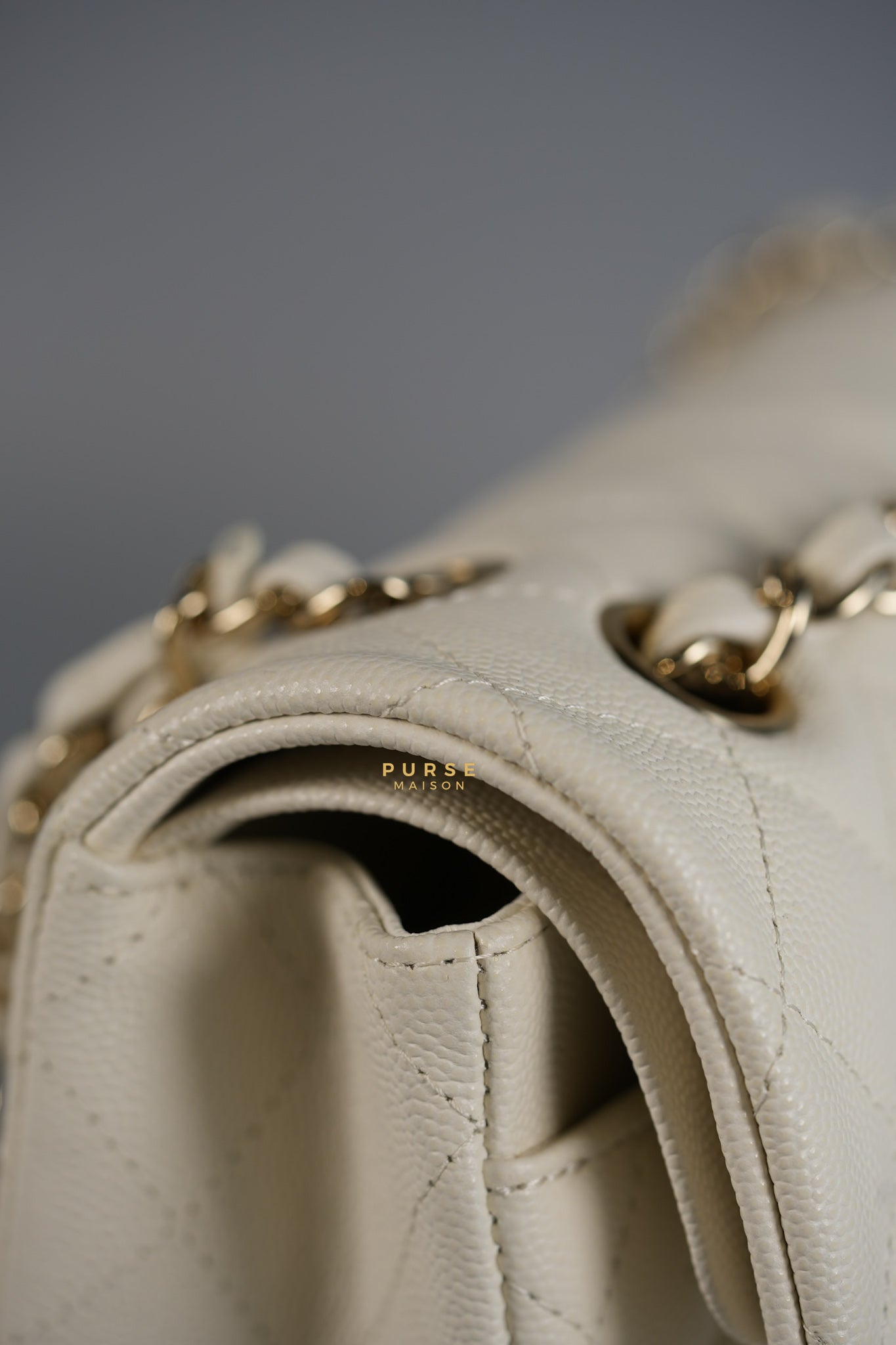 Classic Double Flap Small in White Caviar Leather and Light Gold Hardware (Microchip) | Purse Maison Luxury Bags Shop