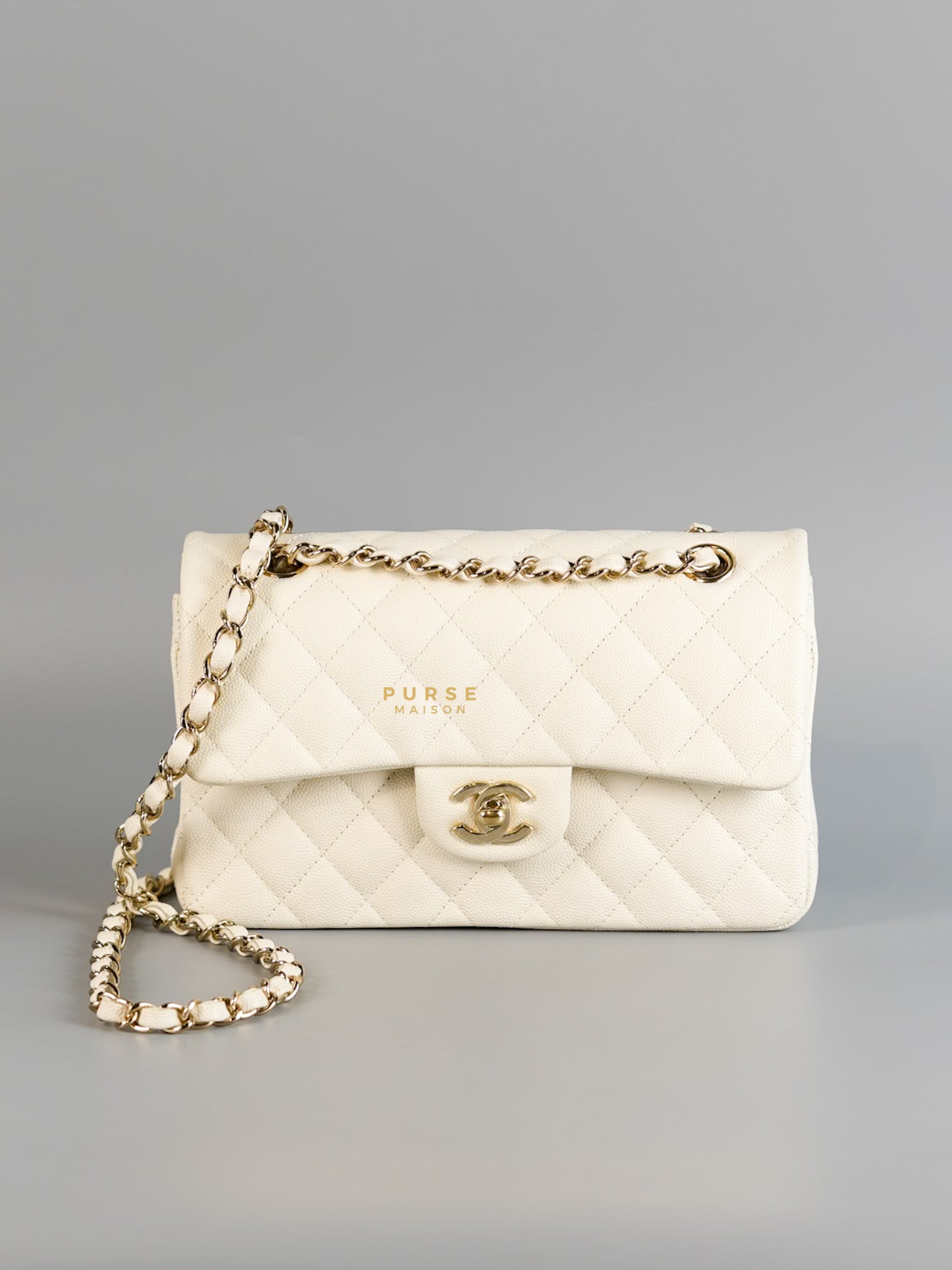 Classic Double Flap Small in White Caviar Leather and Light Gold Hardware (Microchip) | Purse Maison Luxury Bags Shop