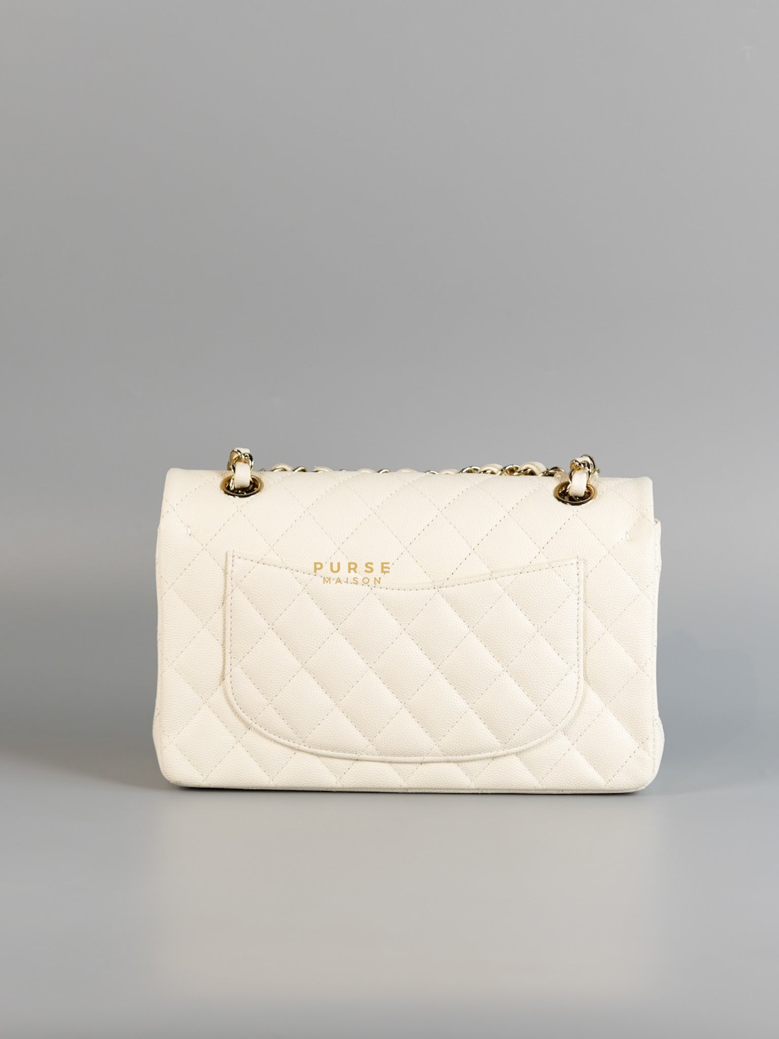 Classic Double Flap Small in White Caviar Leather and Light Gold Hardware (Microchip) | Purse Maison Luxury Bags Shop