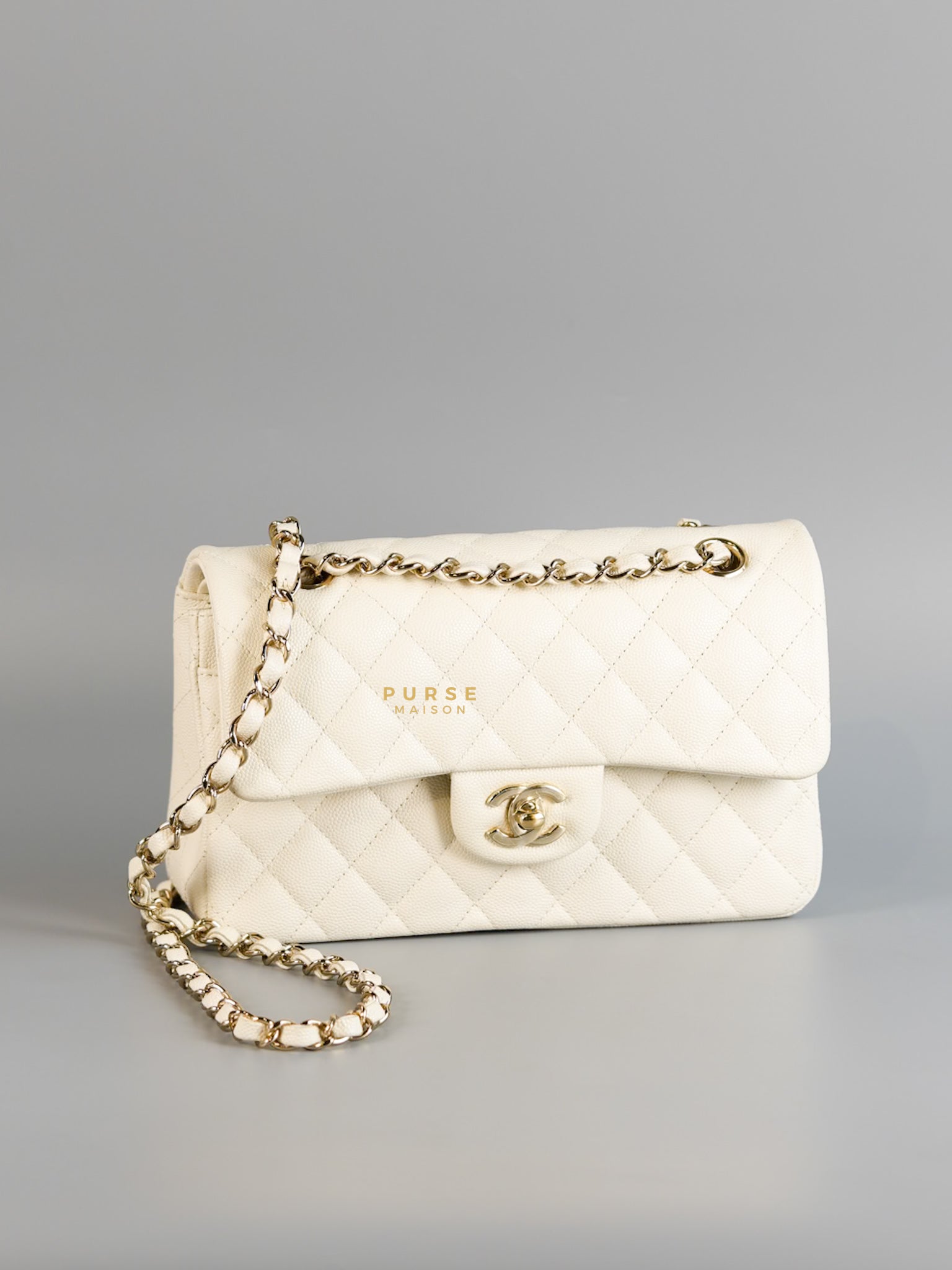 Classic Double Flap Small in White Caviar Leather and Light Gold Hardware (Microchip) | Purse Maison Luxury Bags Shop