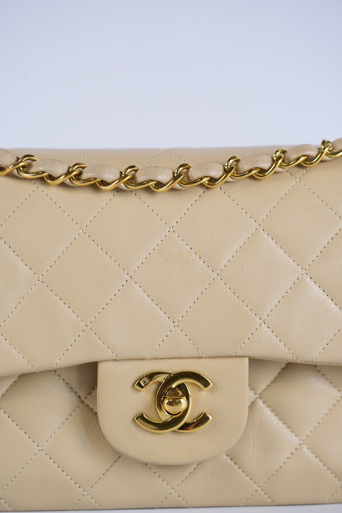 Classic Double Flap Small Vintage in Beige Lambskin Leather and 24k Gold Hardware Series 3 | Purse Maison Luxury Bags Shop
