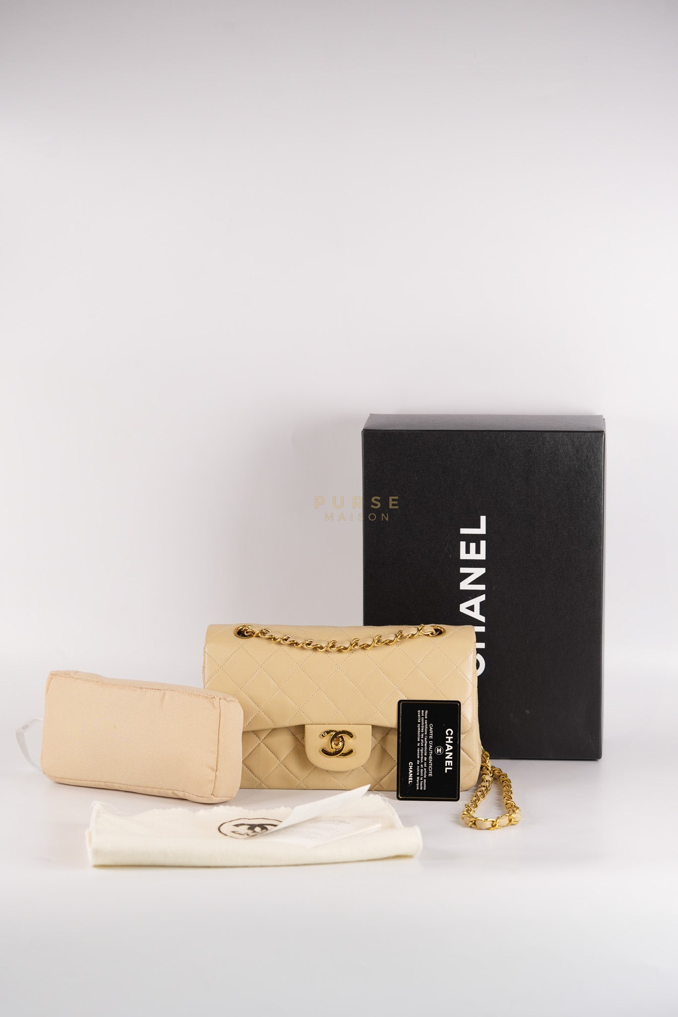 Classic Double Flap Small Vintage in Beige Lambskin Leather and 24k Gold Hardware Series 3 | Purse Maison Luxury Bags Shop