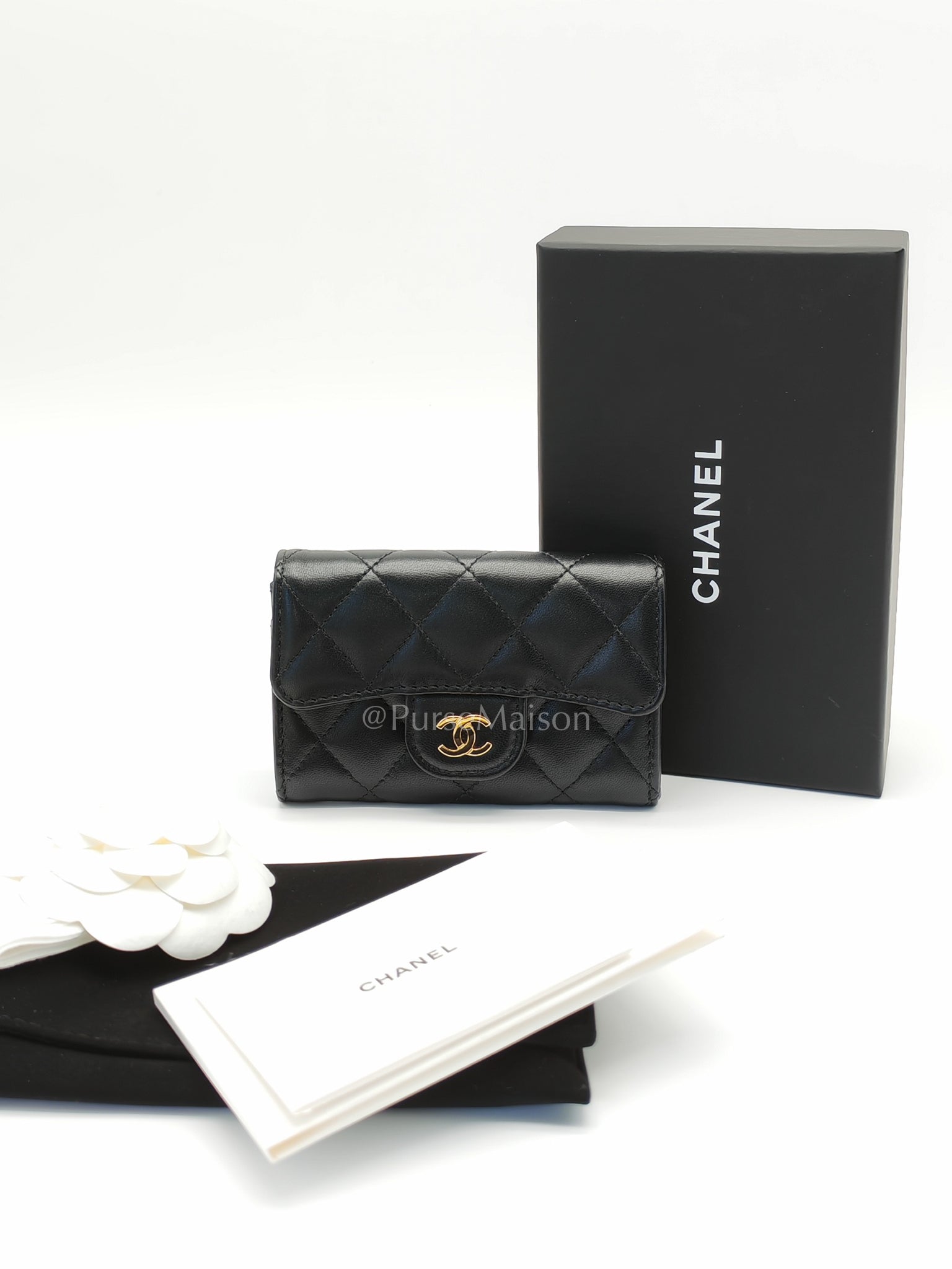 Classic Flap Card Holder Black Lambskin Leather in Gold Hardware (Microchip) | Purse Maison Luxury Bags Shop