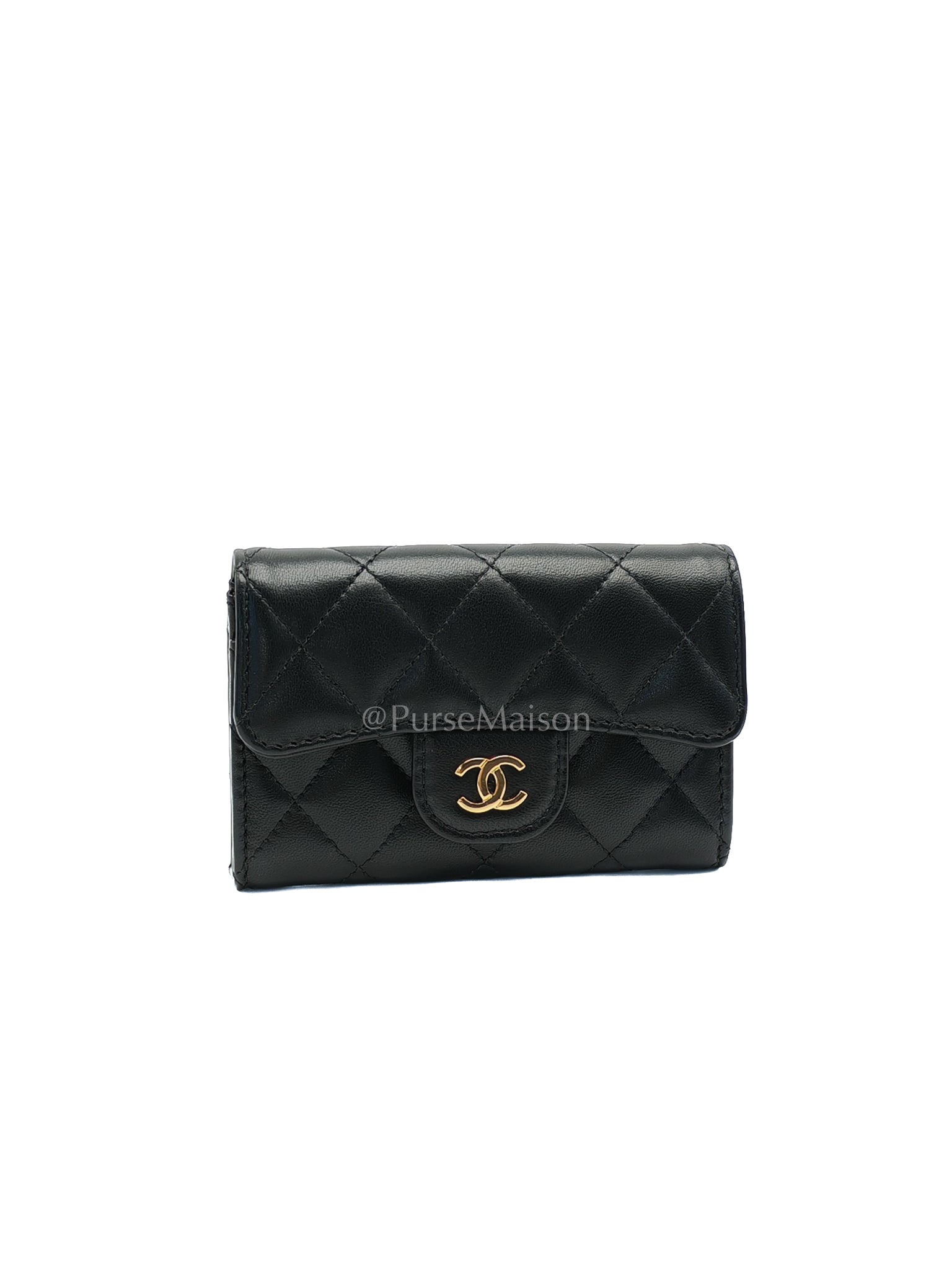 Classic Flap Card Holder Black Lambskin Leather in Gold Hardware (Microchip) | Purse Maison Luxury Bags Shop