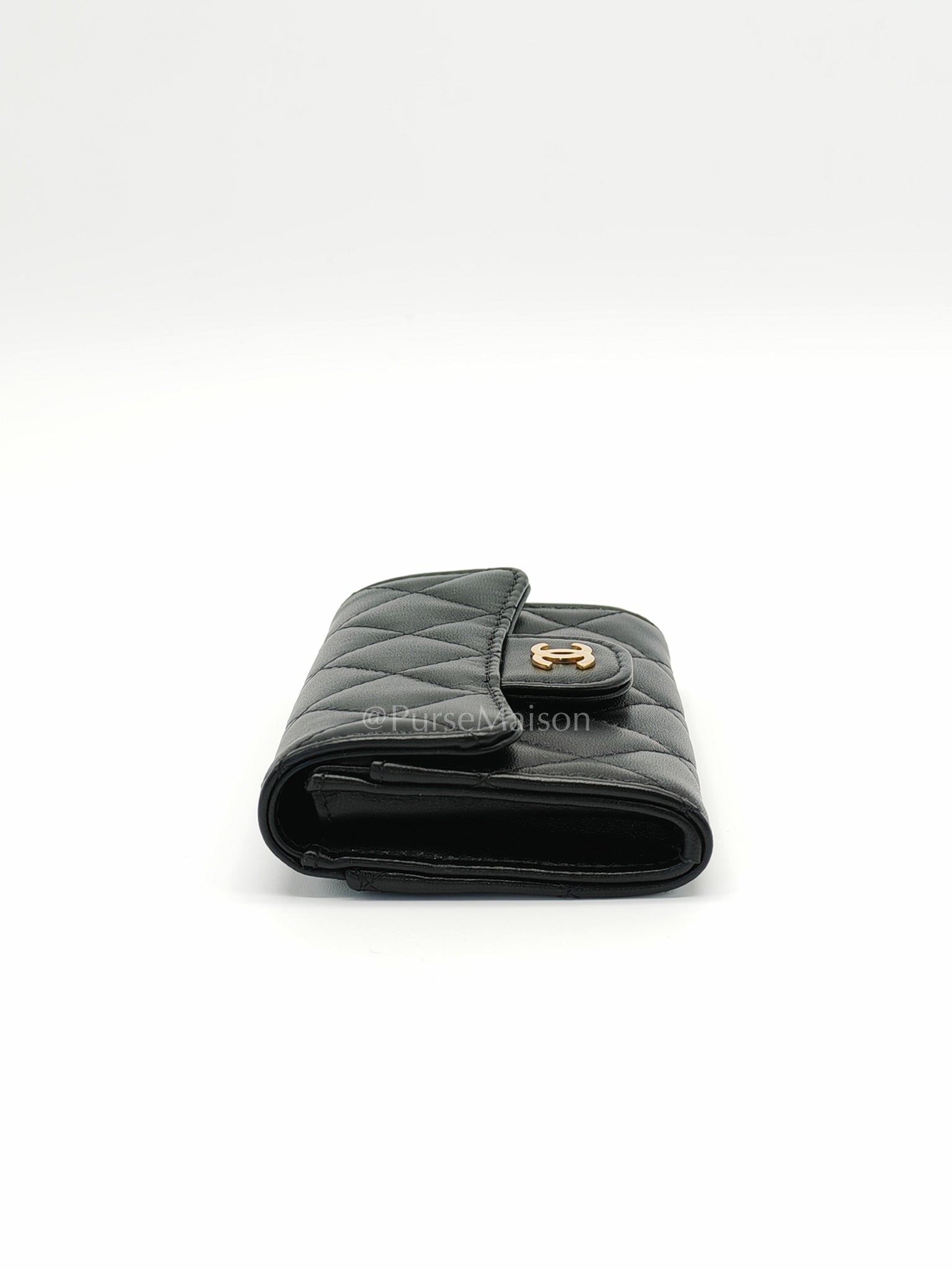 Classic Flap Card Holder Black Lambskin Leather in Gold Hardware (Microchip) | Purse Maison Luxury Bags Shop
