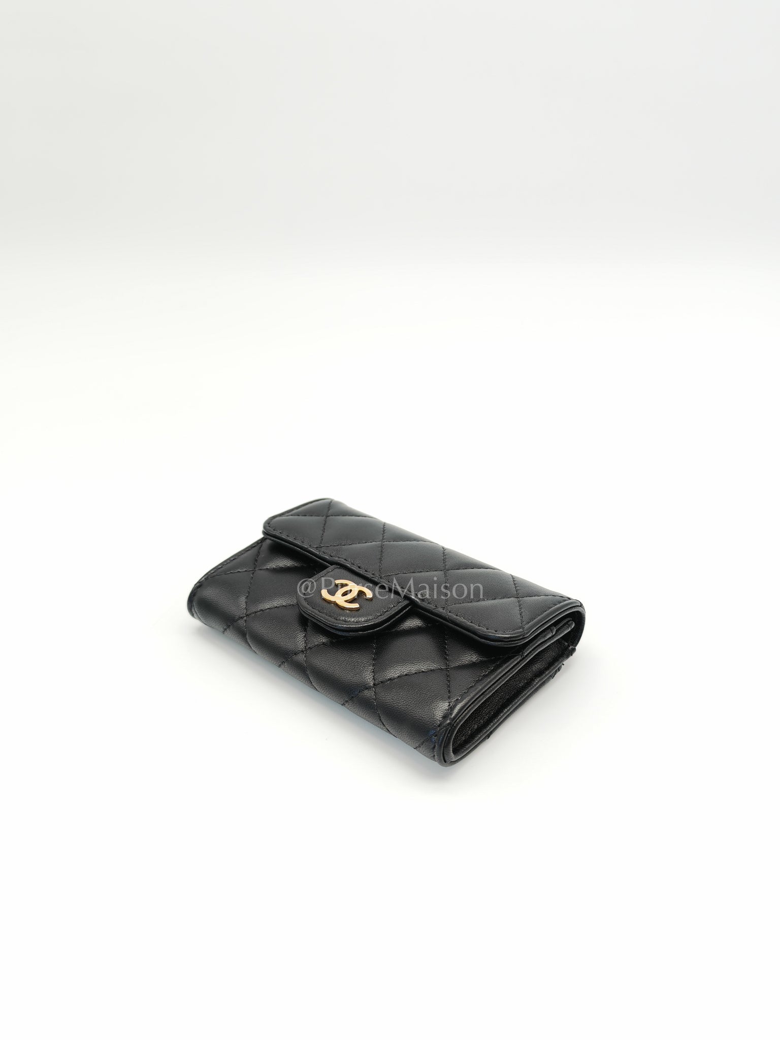 Classic Flap Card Holder Black Lambskin Leather in Gold Hardware (Microchip) | Purse Maison Luxury Bags Shop