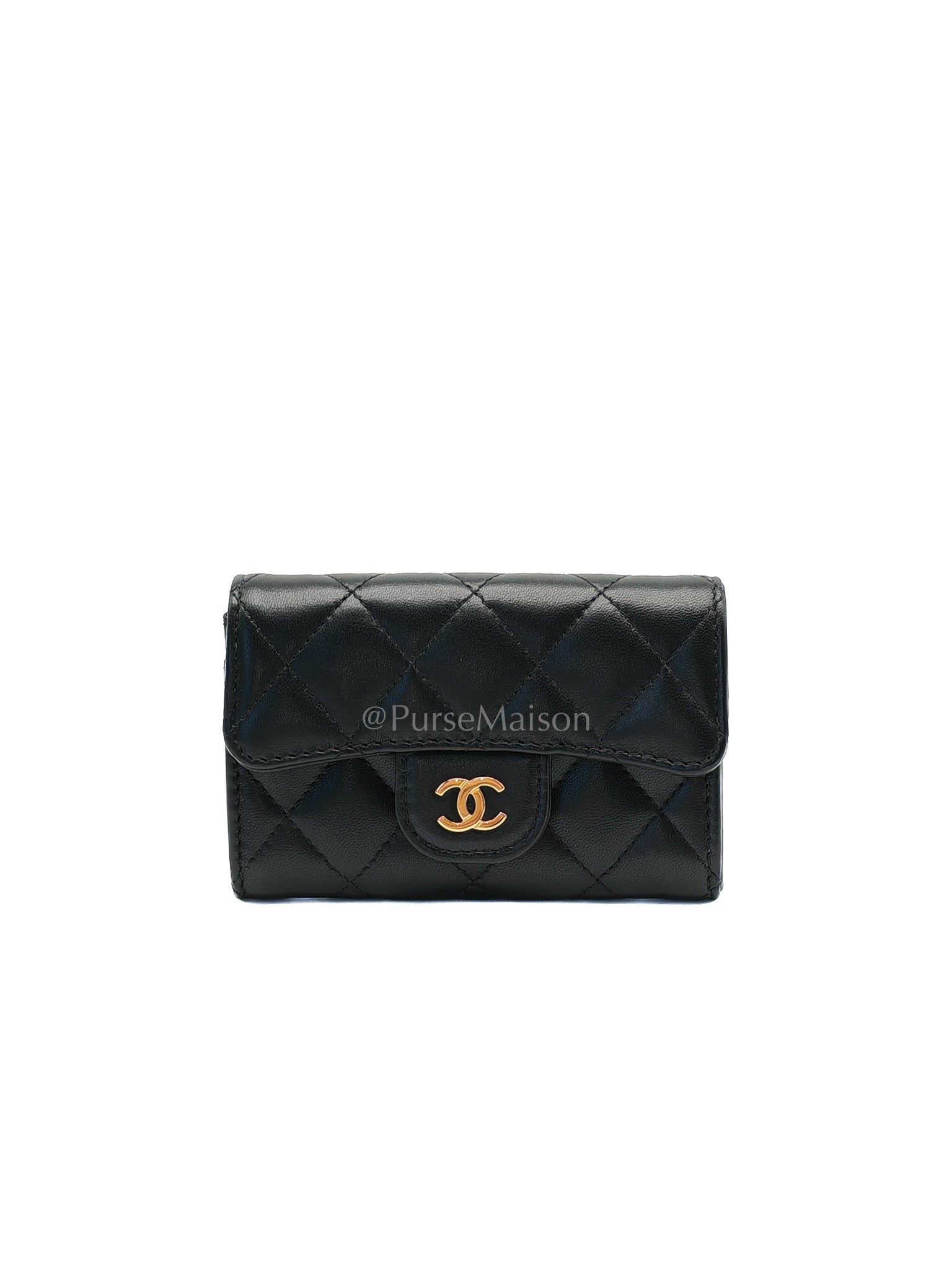 Classic Flap Card Holder Black Lambskin Leather in Gold Hardware (Microchip) | Purse Maison Luxury Bags Shop