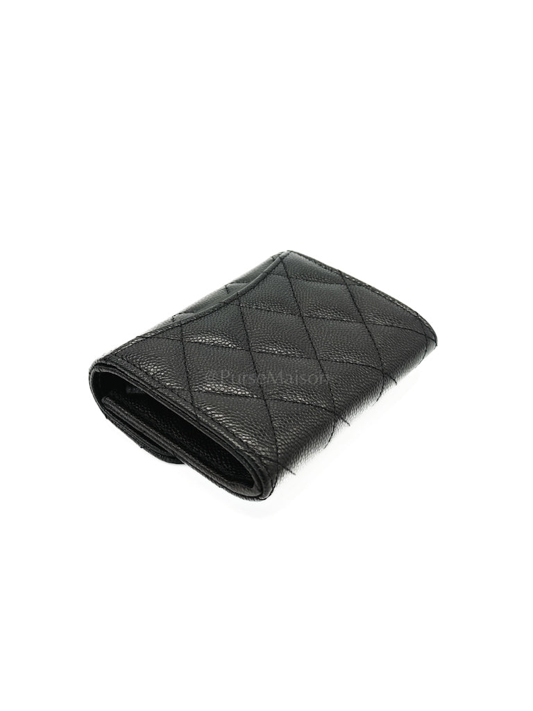 Classic Flap Card Holder Double Compartment in Black Quilted Caviar Leather and Silver Hardware (Microchip) | Purse Maison Luxury Bags Shop