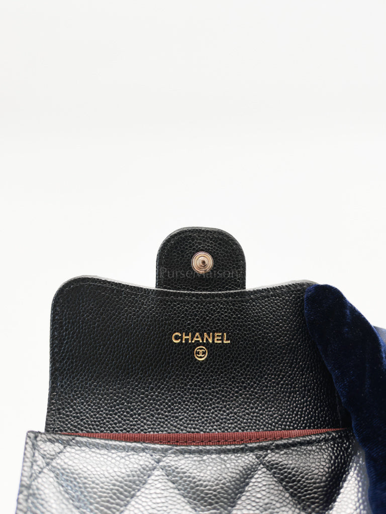 Classic Flap Card Holder Double Compartment in Black Quilted Caviar Leather and Silver Hardware (Microchip) | Purse Maison Luxury Bags Shop