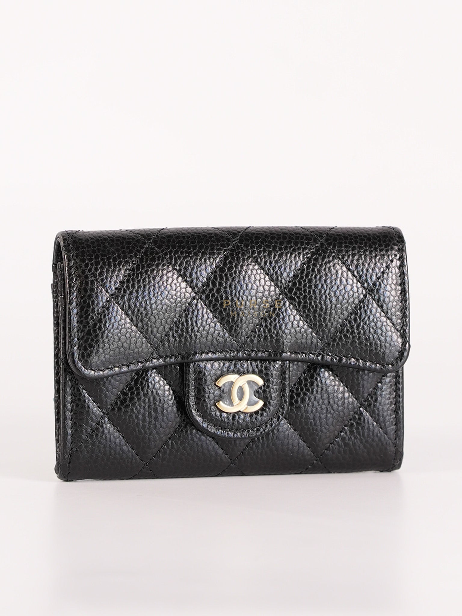 Classic Flap Card Holder in Black Caviar Leather and Gold Hardware (Microchip) | Purse Maison Luxury Bags Shop