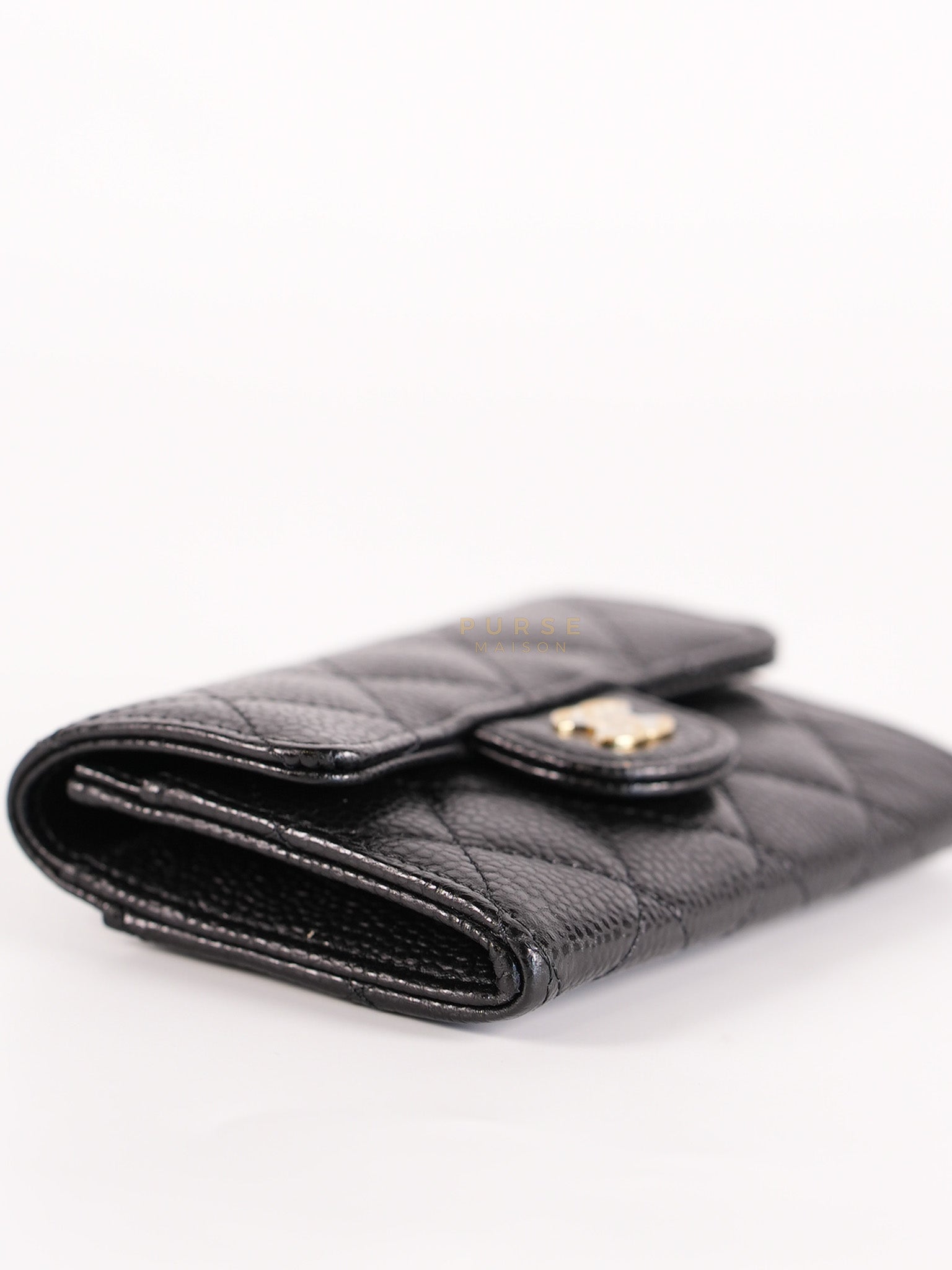 Classic Flap Card Holder in Black Caviar Leather and Gold Hardware (Microchip) | Purse Maison Luxury Bags Shop