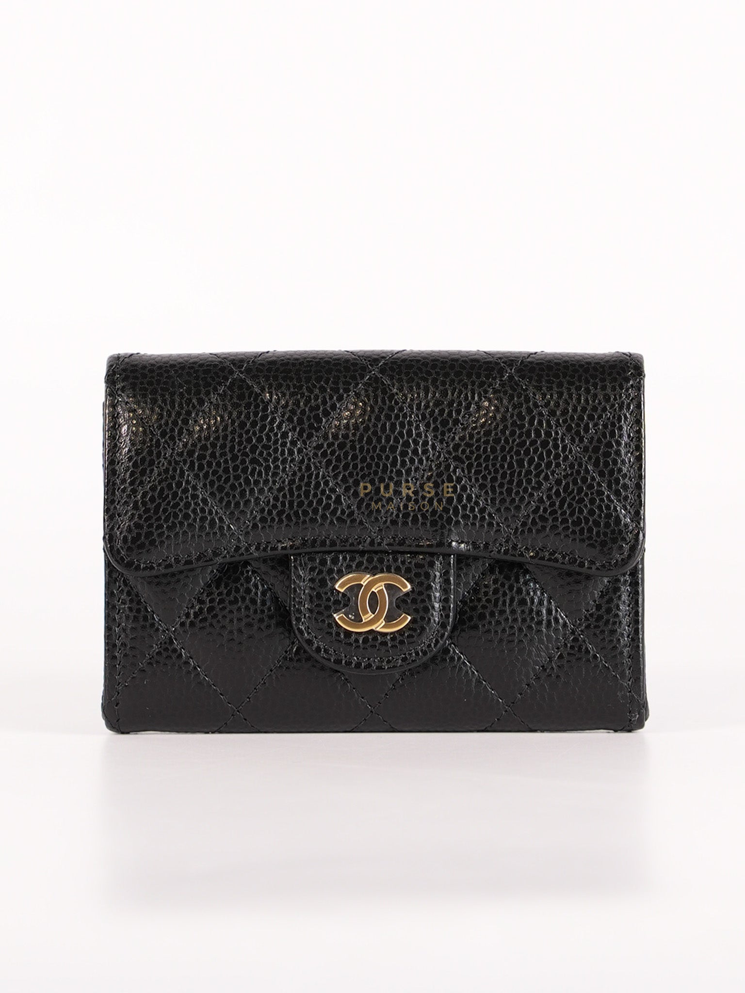 Classic Flap Card Holder in Black Caviar Leather and Gold Hardware (Microchip) | Purse Maison Luxury Bags Shop
