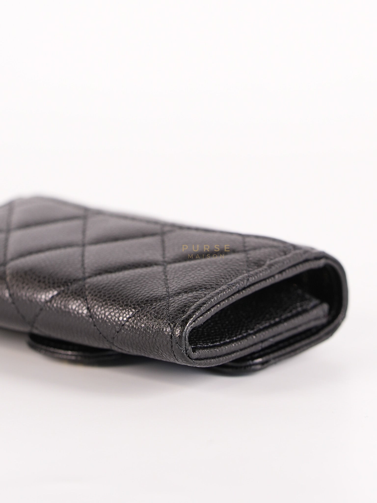 Classic Flap Card Holder in Black Caviar Leather and Light Gold Hardware (New Version with Zipper) (Microchip) | Purse Maison Luxury Bags Shop
