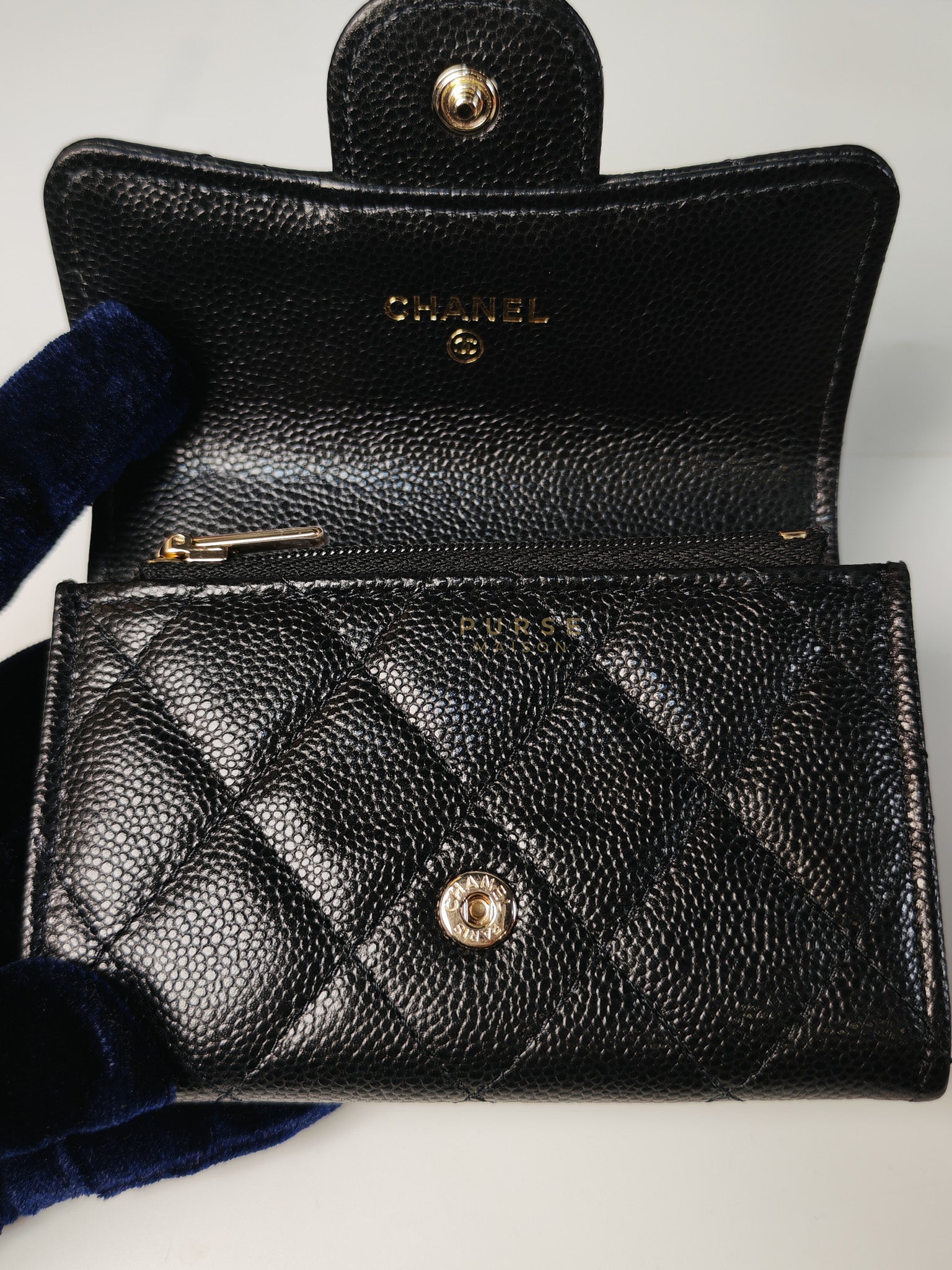 Classic Flap Card Holder in Black Caviar Leather and Light Gold Hardware (New Version with Zipper) (Microchip) | Purse Maison Luxury Bags Shop