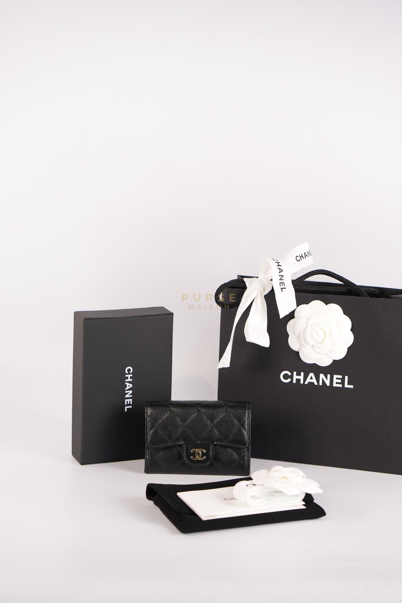 Classic Flap Card Holder in Black Caviar Leather and Light Gold Hardware (New Version with Zipper) (Microchip) | Purse Maison Luxury Bags Shop