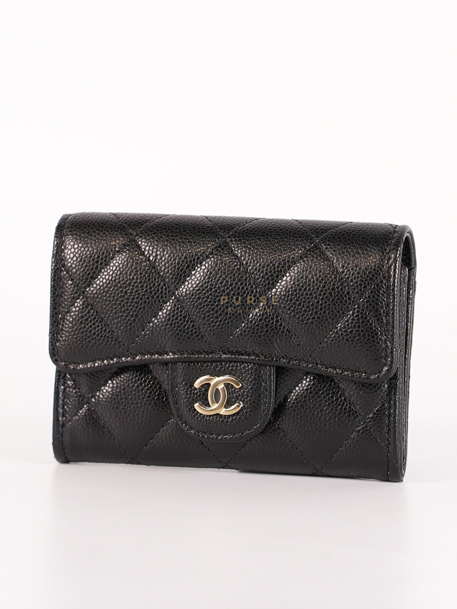 Classic Flap Card Holder in Black Caviar Leather and Light Gold Hardware (New Version with Zipper) (Microchip) | Purse Maison Luxury Bags Shop