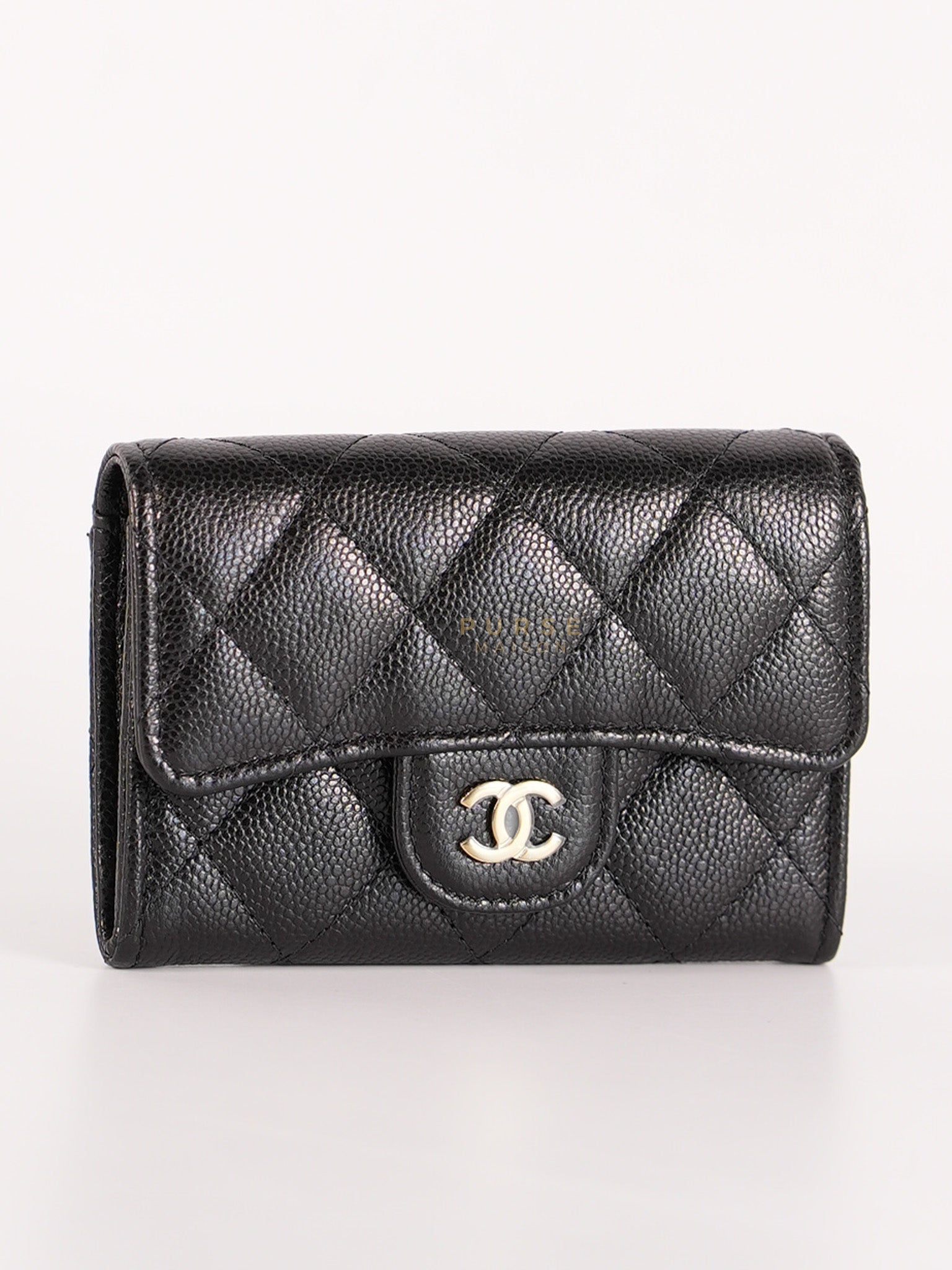 Classic Flap Card Holder in Black Caviar Leather and Light Gold Hardware (New Version with Zipper) (Microchip) | Purse Maison Luxury Bags Shop