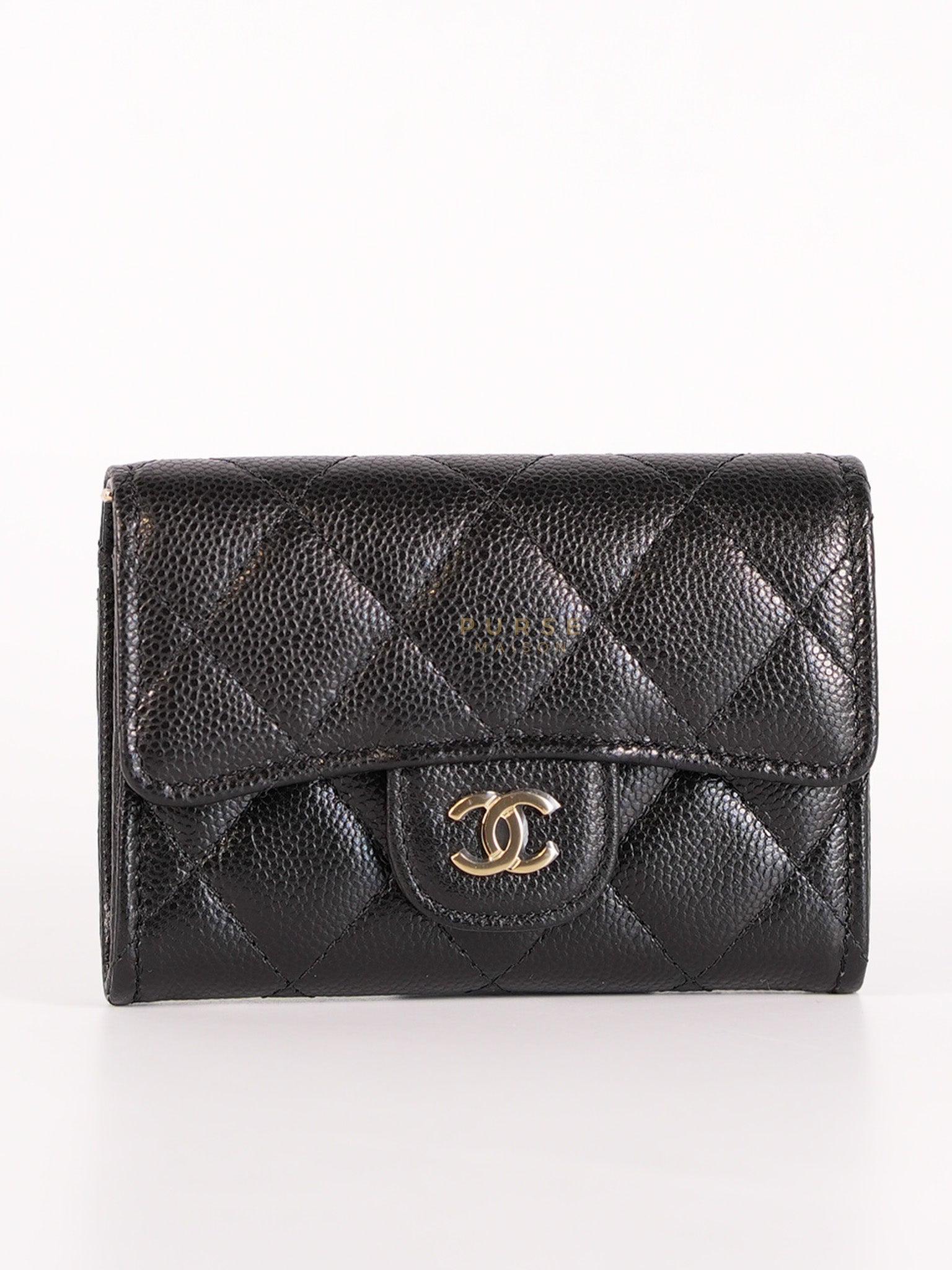 Classic Flap Card Holder in Black Caviar Leather and Light Gold Hardware (New Version with Zipper) (Microchip) | Purse Maison Luxury Bags Shop