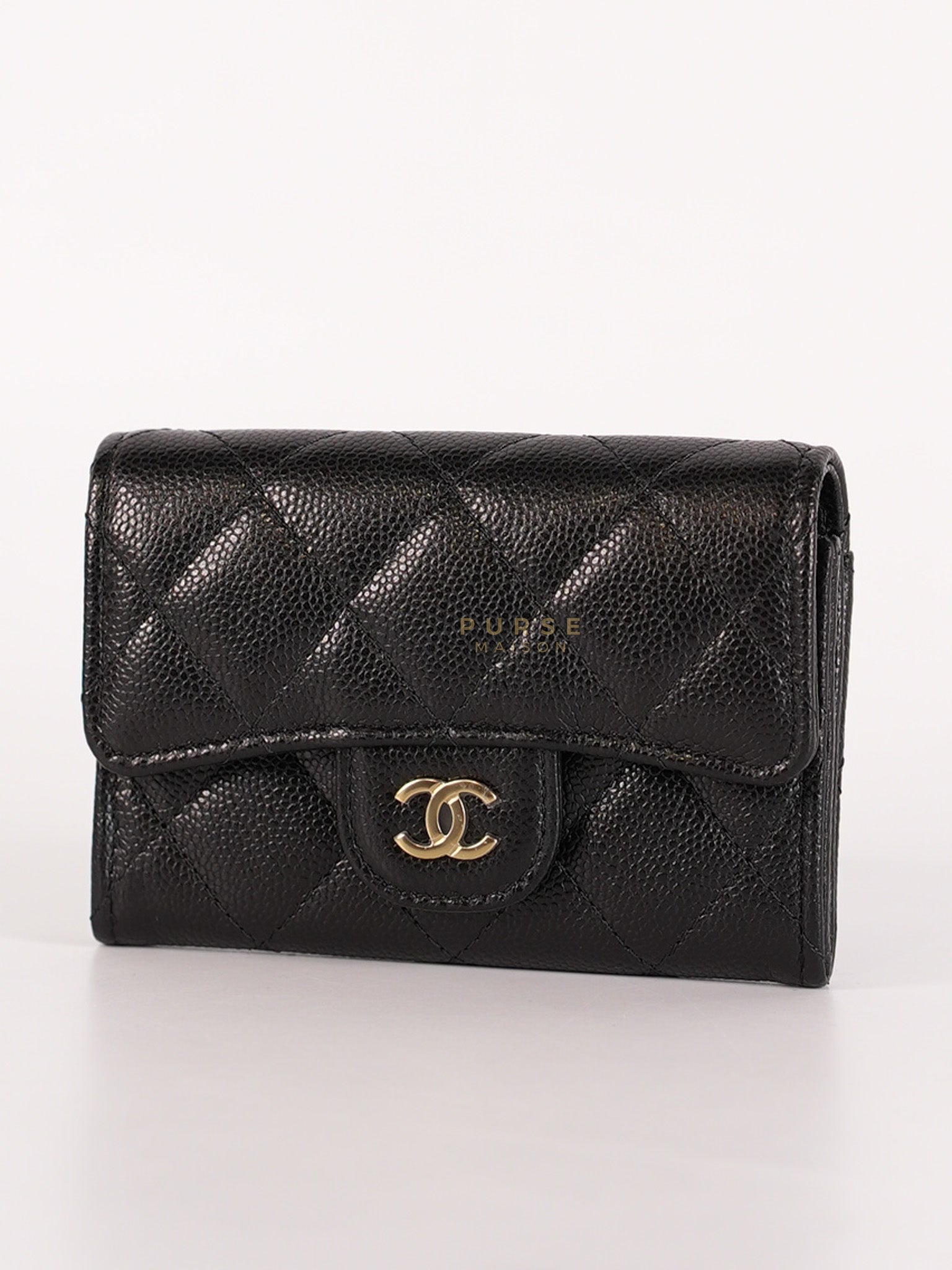 Classic Flap Card Holder in Black Caviar Leather and Light Gold Hardware (New Version with Zipper) (Microchip) | Purse Maison Luxury Bags Shop