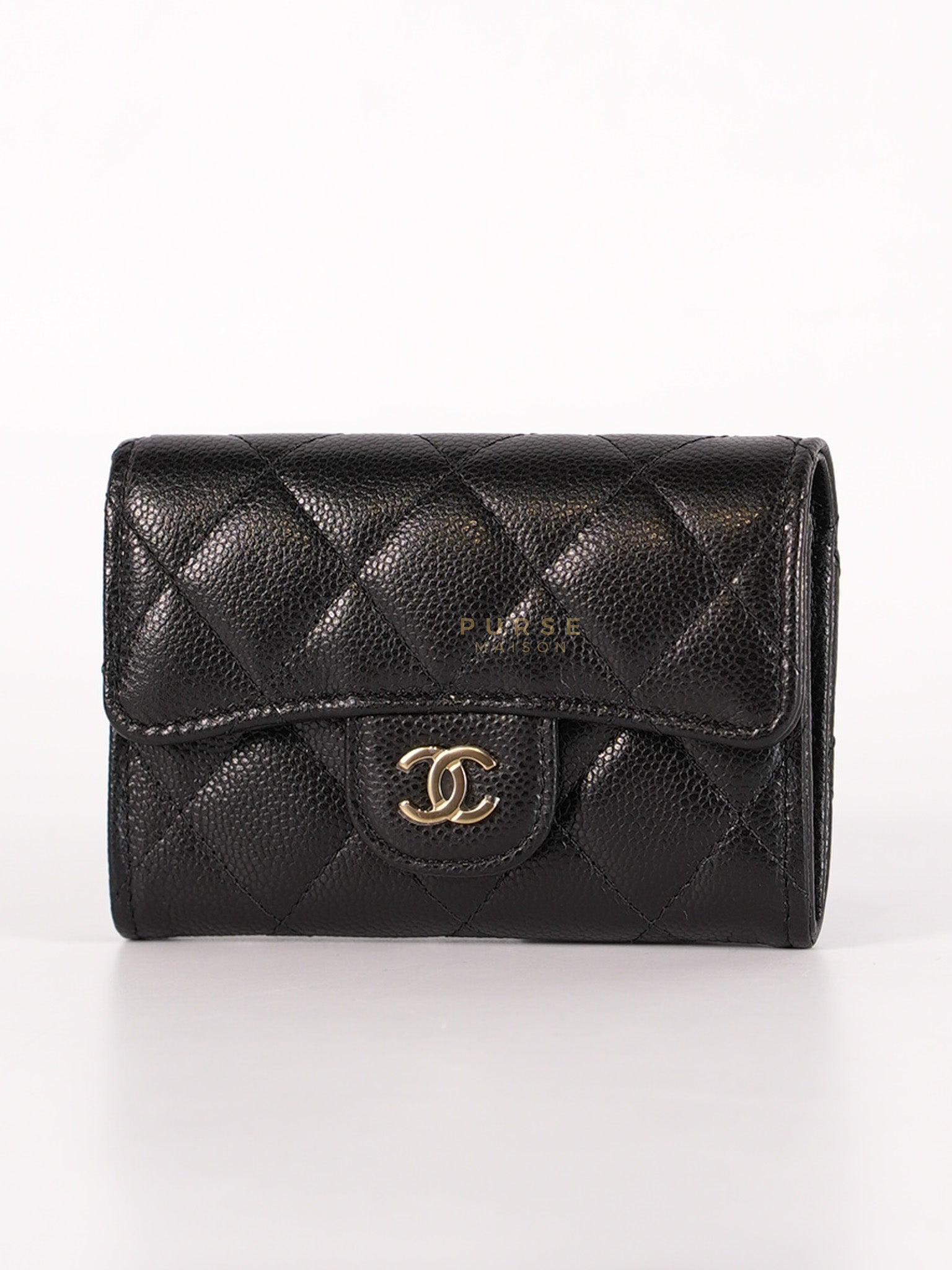 Classic Flap Card Holder in Black Caviar Leather and Light Gold Hardware (New Version with Zipper) (Microchip) | Purse Maison Luxury Bags Shop